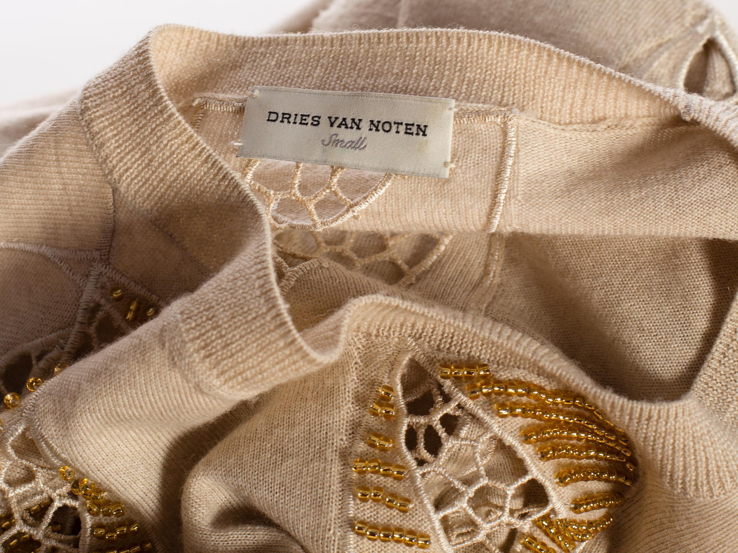 2000s DRIES VAN NOTEN Beige Wool Knit Gold Beaded Lace Cut Out Sweater  10