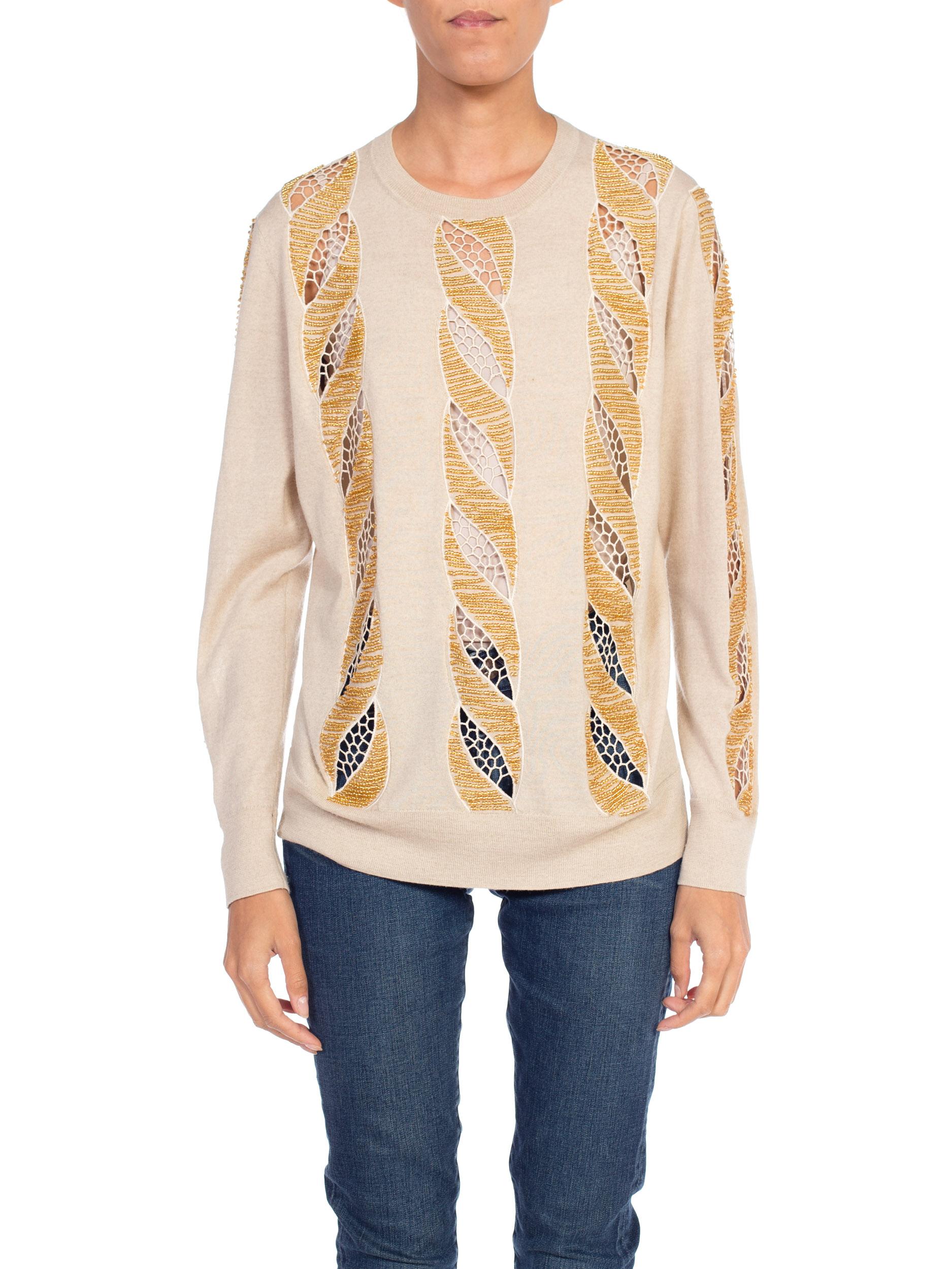 2000s DRIES VAN NOTEN Beige Wool Knit Gold Beaded Lace Cut Out Sweater  11