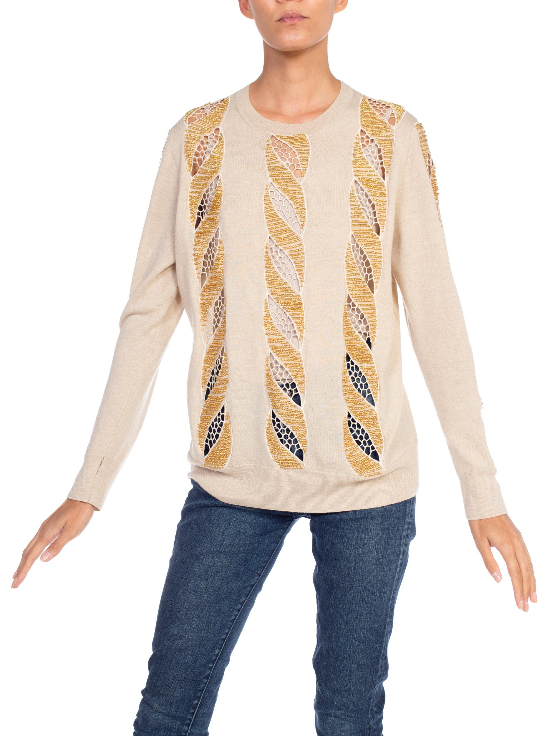2000s DRIES VAN NOTEN Beige Wool Knit Gold Beaded Lace Cut Out Sweater  In Good Condition In New York, NY