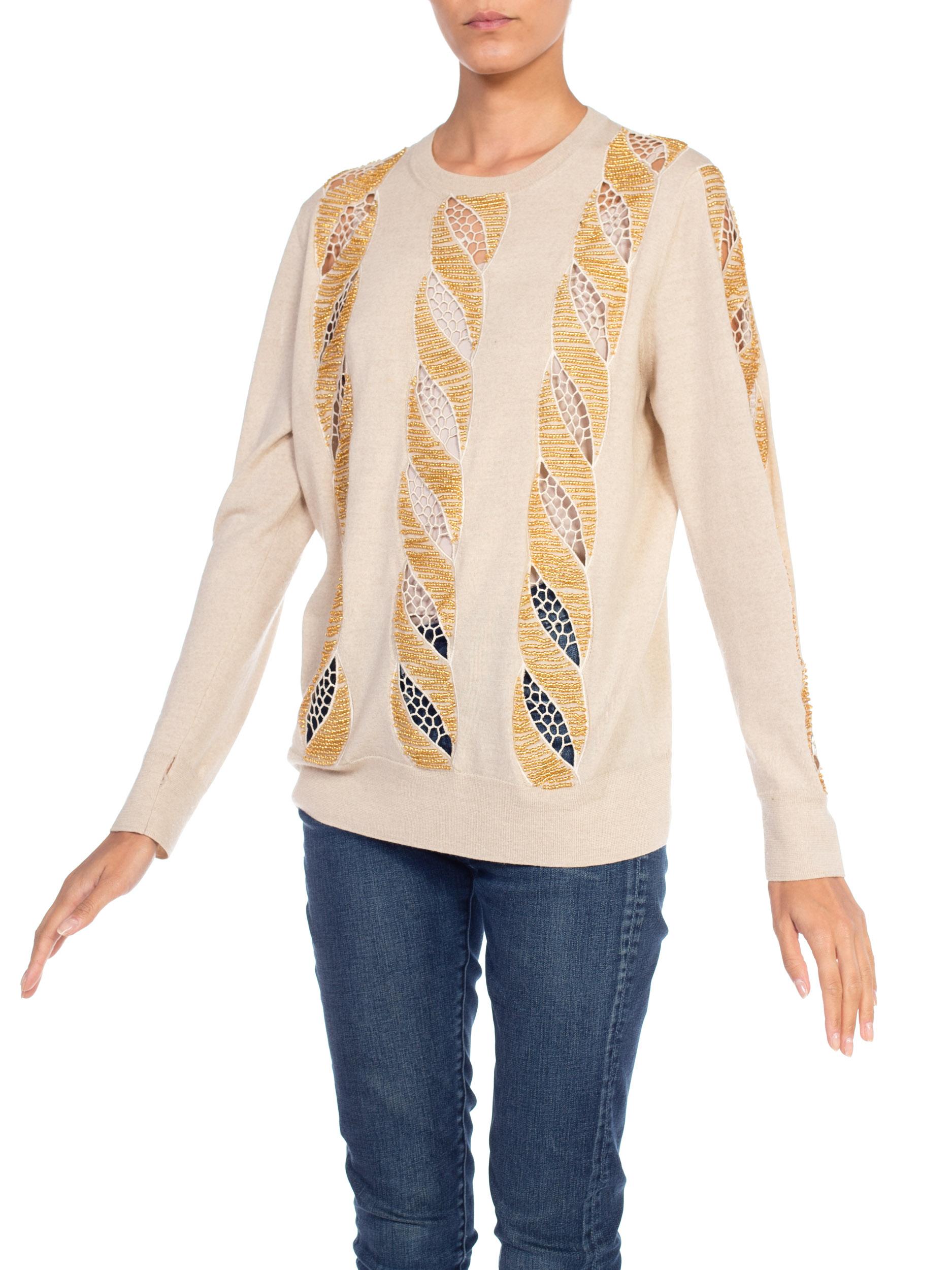 Women's 2000s DRIES VAN NOTEN Beige Wool Knit Gold Beaded Lace Cut Out Sweater 