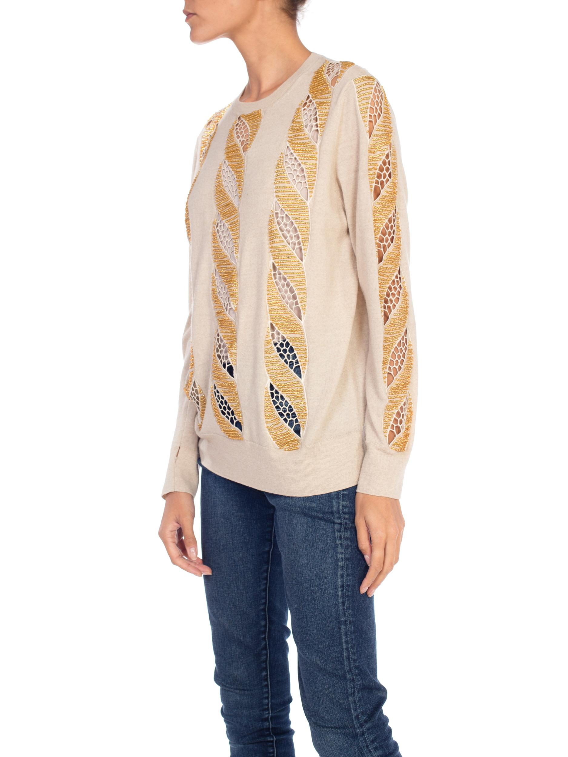 2000s DRIES VAN NOTEN Beige Wool Knit Gold Beaded Lace Cut Out Sweater  2