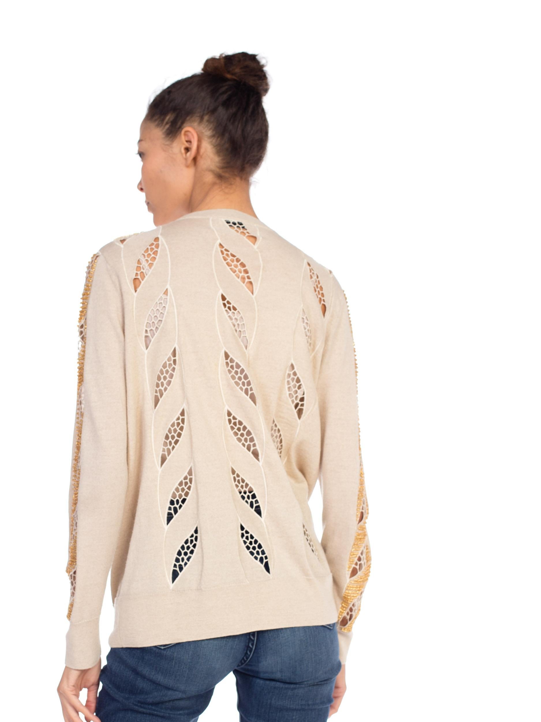 2000s DRIES VAN NOTEN Beige Wool Knit Gold Beaded Lace Cut Out Sweater  4