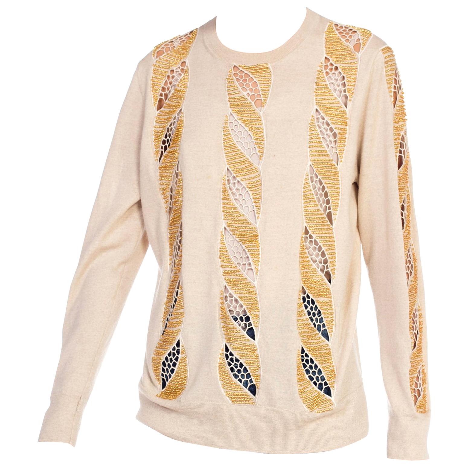 2000s DRIES VAN NOTEN Beige Wool Knit Gold Beaded Lace Cut Out Sweater 