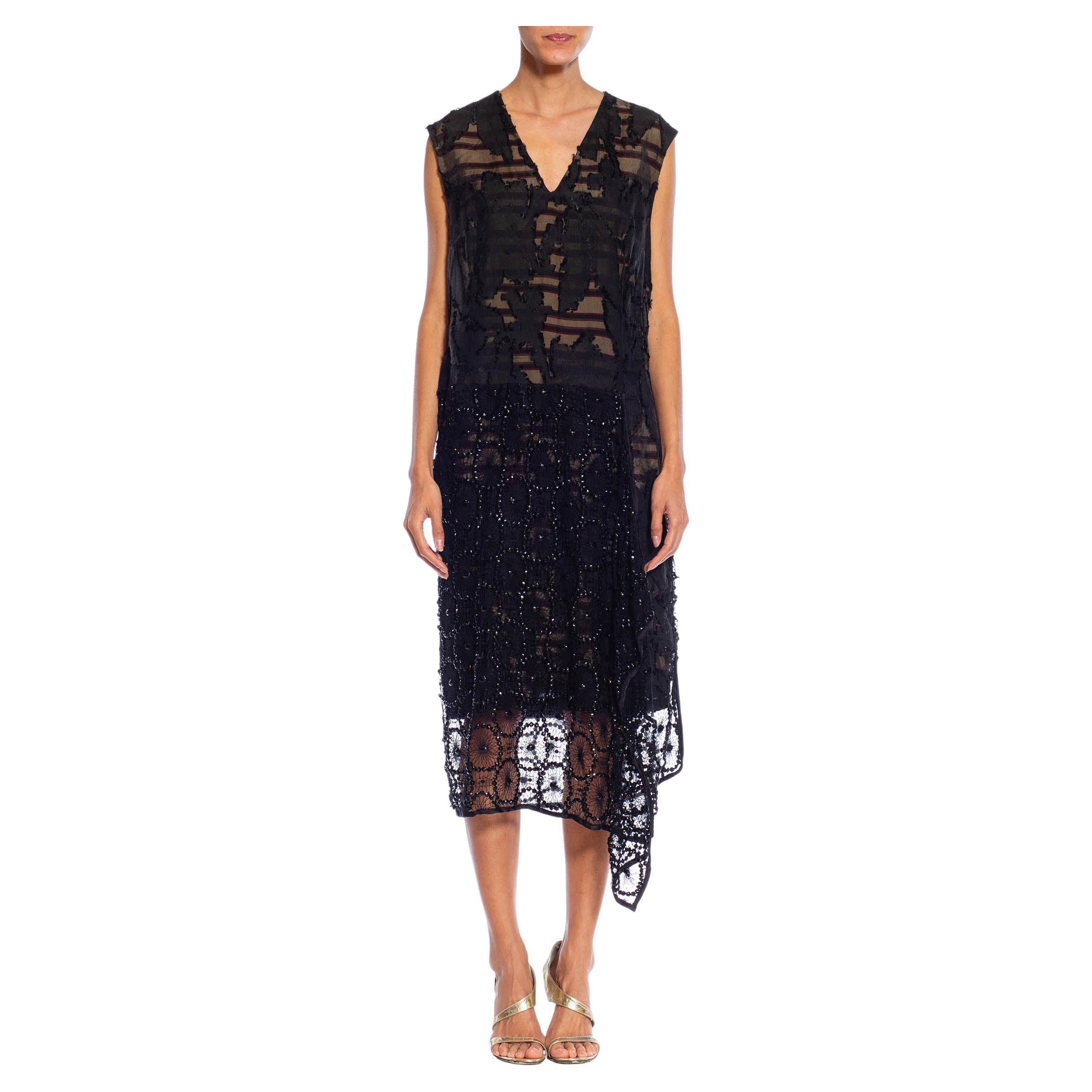 2000S DRIES VAN NOTEN Black Silk & Beaded Lace 20S Style Cocktail Dress For Sale