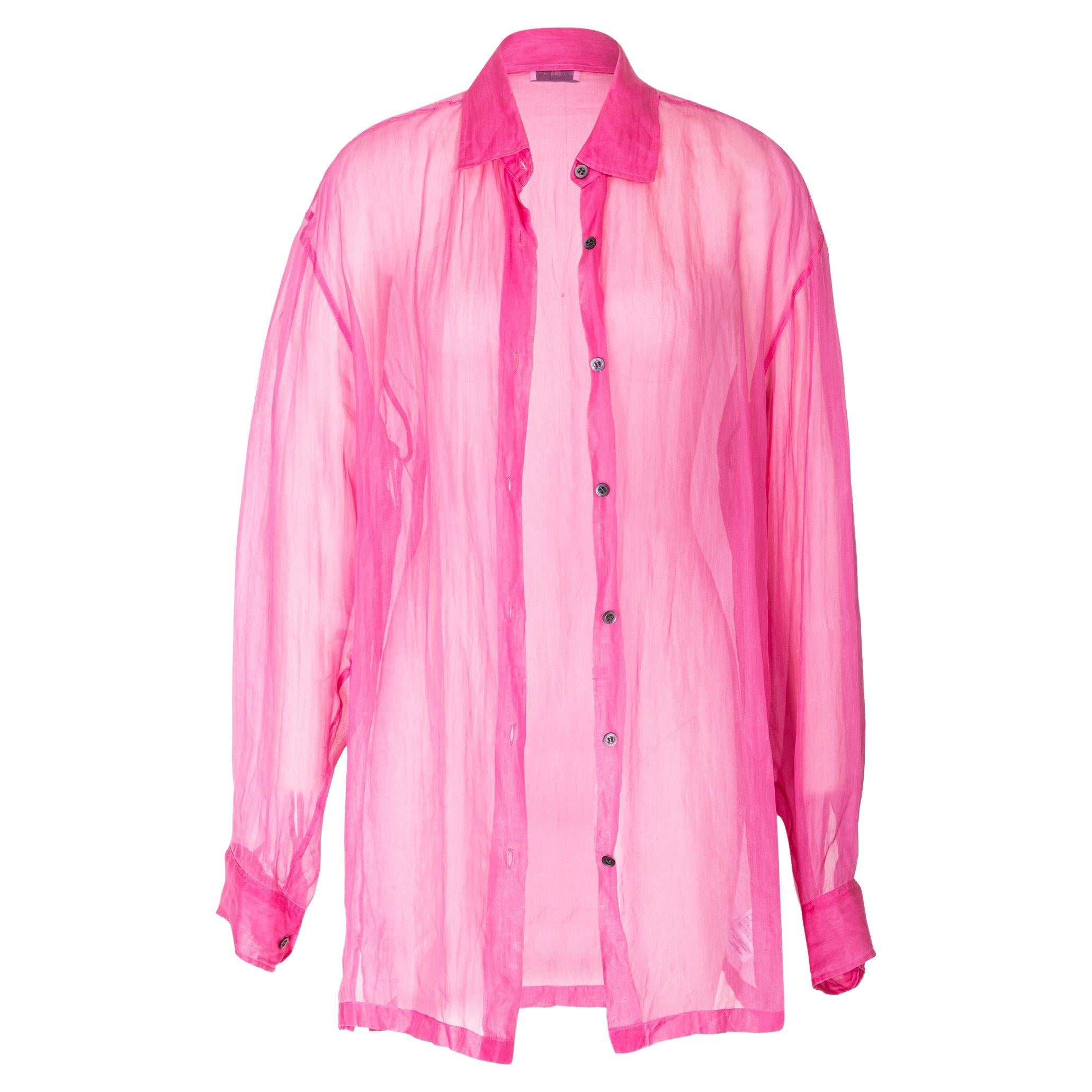 Women's 2000's Dries van Noten Semi-Sheer Pink Crinkle Button-Up