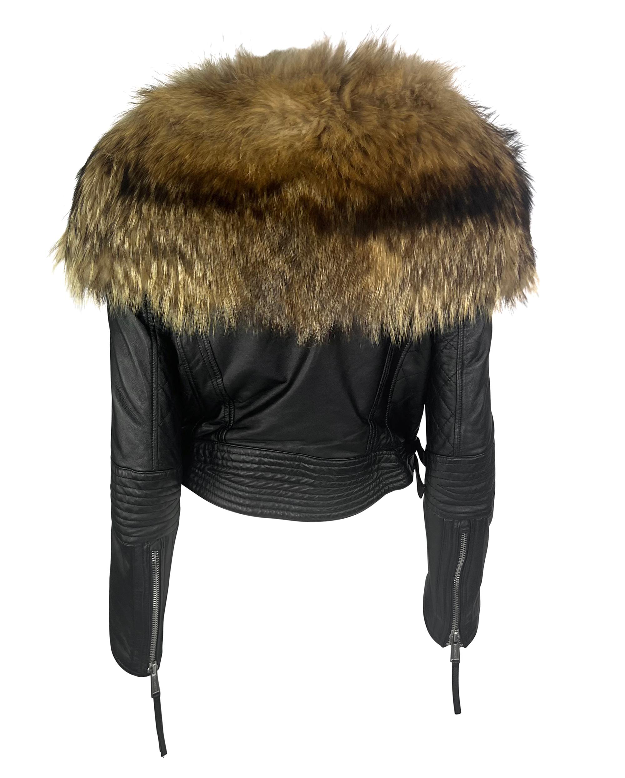 2000s Dsquared2 Black Leather Cinched Strap Moto Jacket Oversized Fur Collar In Excellent Condition In West Hollywood, CA