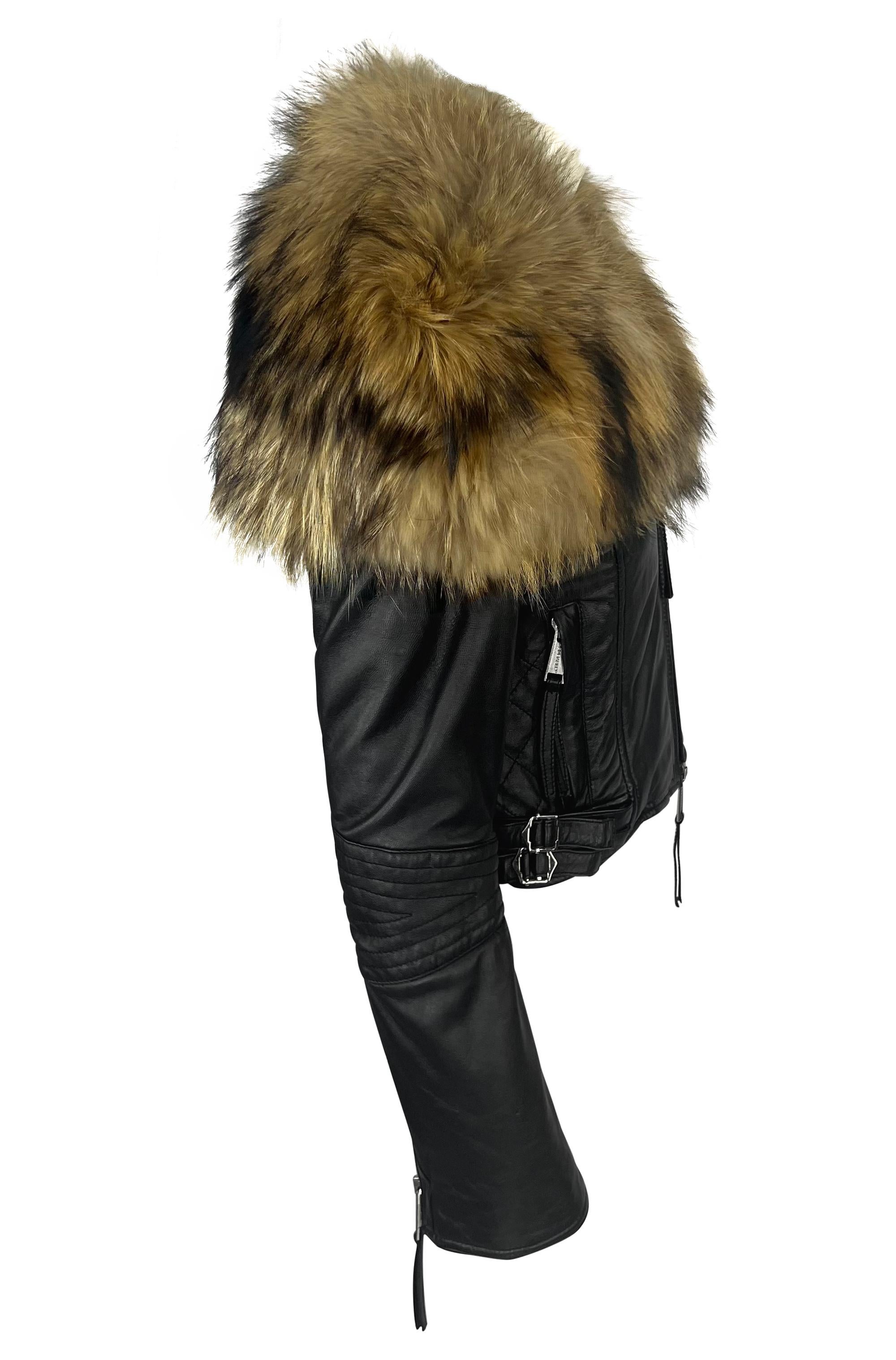 Women's 2000s Dsquared2 Black Leather Cinched Strap Moto Jacket Oversized Fur Collar