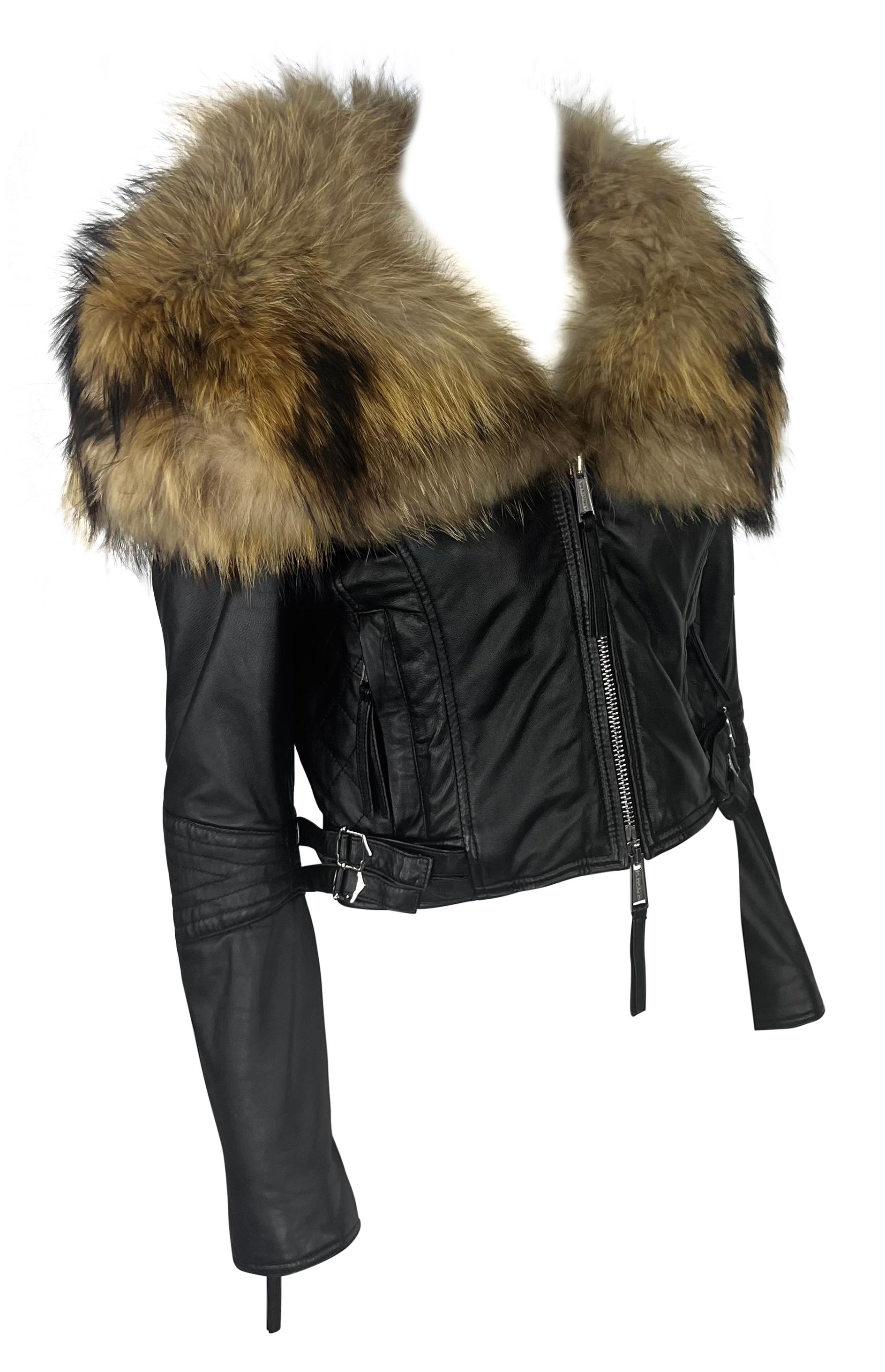2000s Dsquared2 Black Leather Cinched Strap Moto Jacket Oversized Fur Collar 1