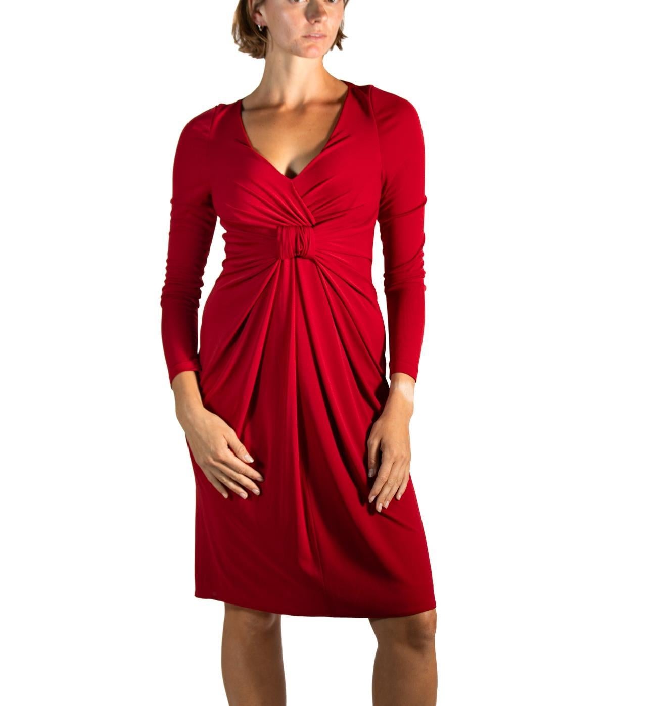 2000er Elie Saab Rostrotes langärmeliges Kleid aus Polyester-Jersey im Zustand „Hervorragend“ im Angebot in New York, NY