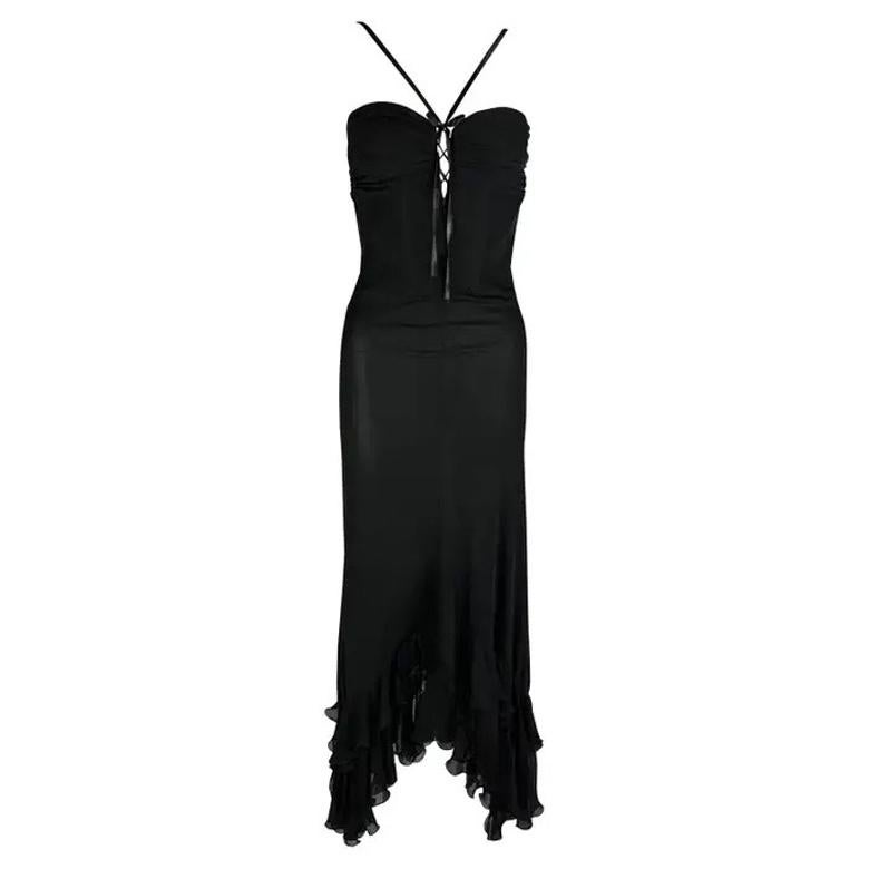 2000s Emanuel Ungaro Vestido negro con volantes y corsé de lazo acampanado en venta