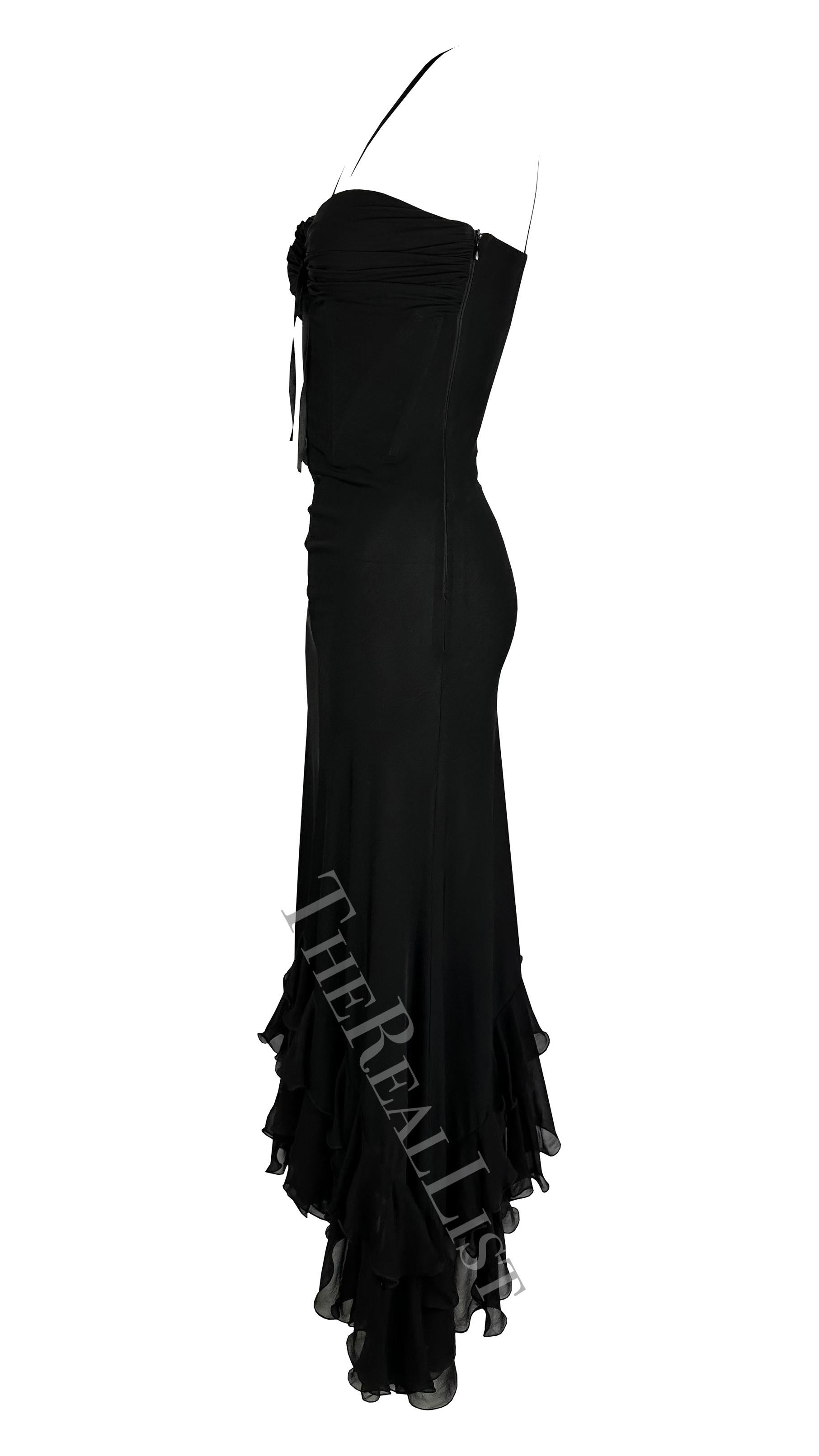 Women's 2000s Emanuel Ungaro Black Flare Ribbon Corset Plunge Ruffle Gown For Sale