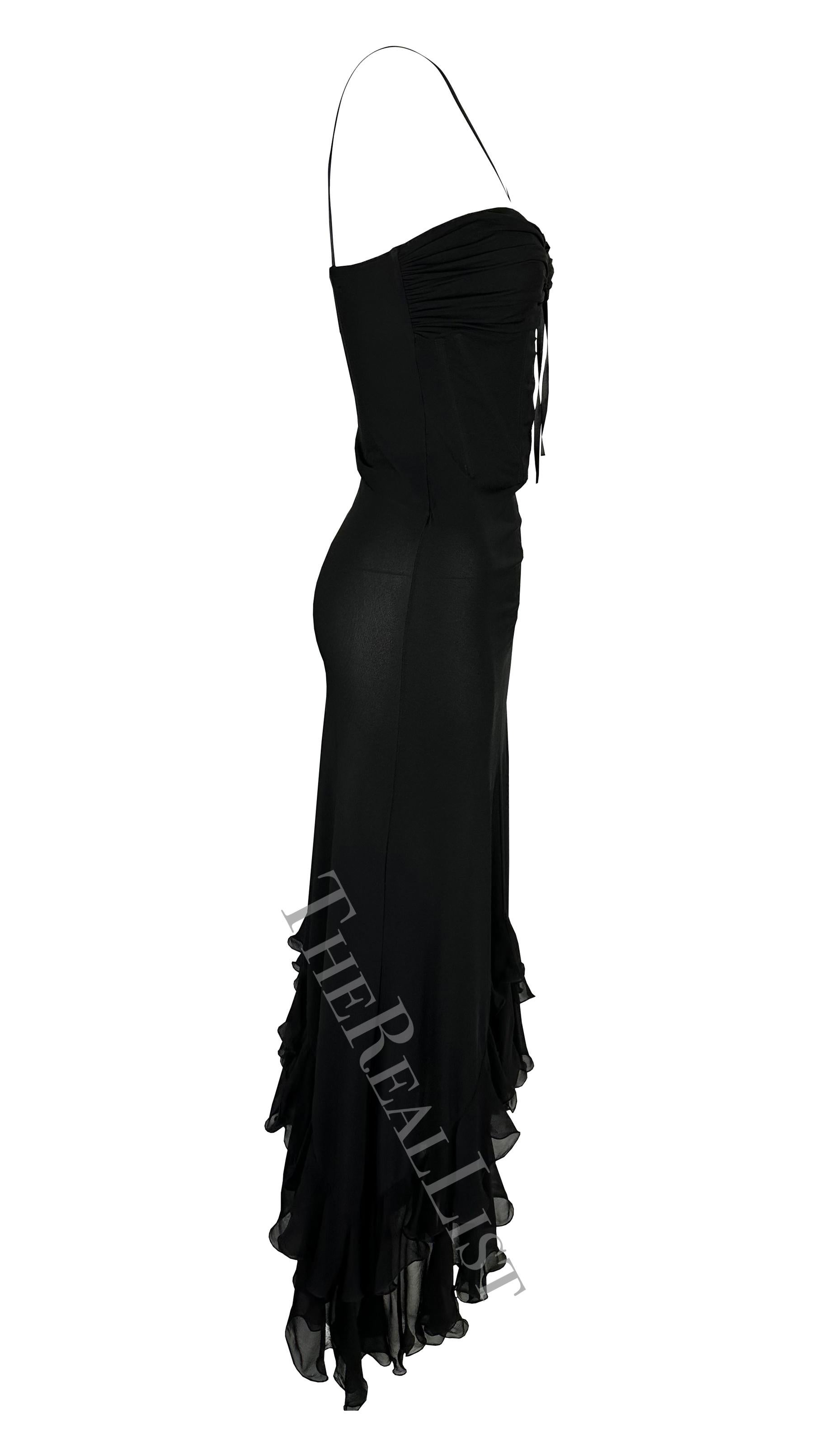 2000s Emanuel Ungaro Black Flare Ribbon Corset Plunge Ruffle Gown For Sale 3
