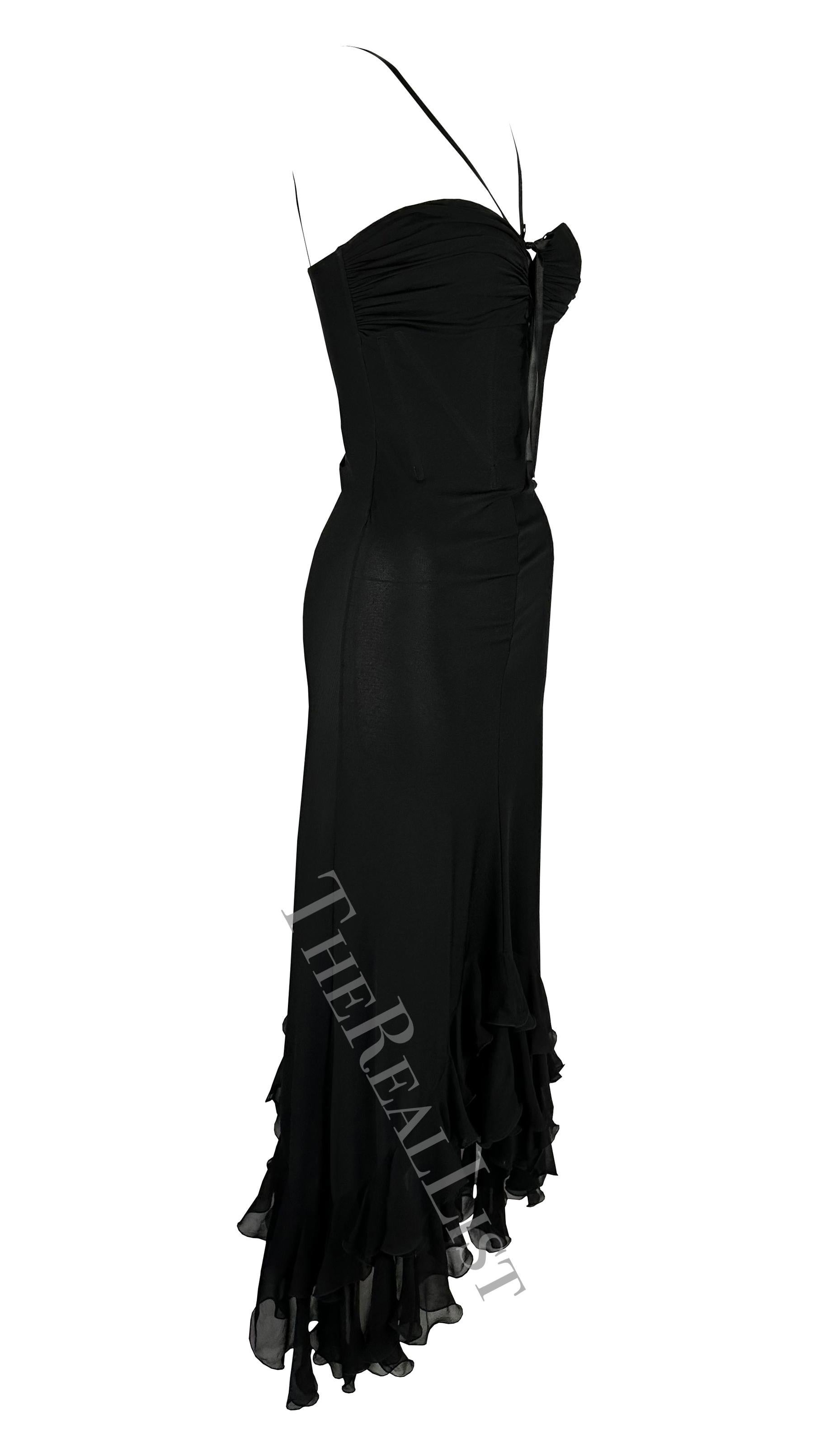 2000s Emanuel Ungaro Black Flare Ribbon Corset Plunge Ruffle Gown For Sale 4