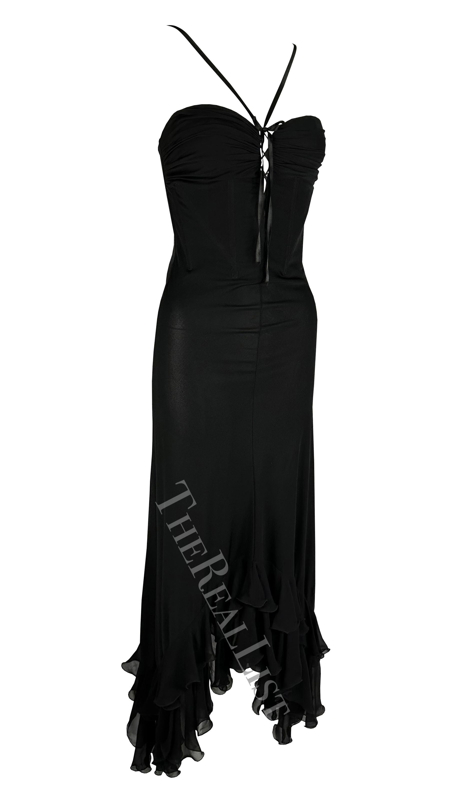 2000s Emanuel Ungaro Black Flare Ribbon Corset Plunge Ruffle Gown For Sale 5