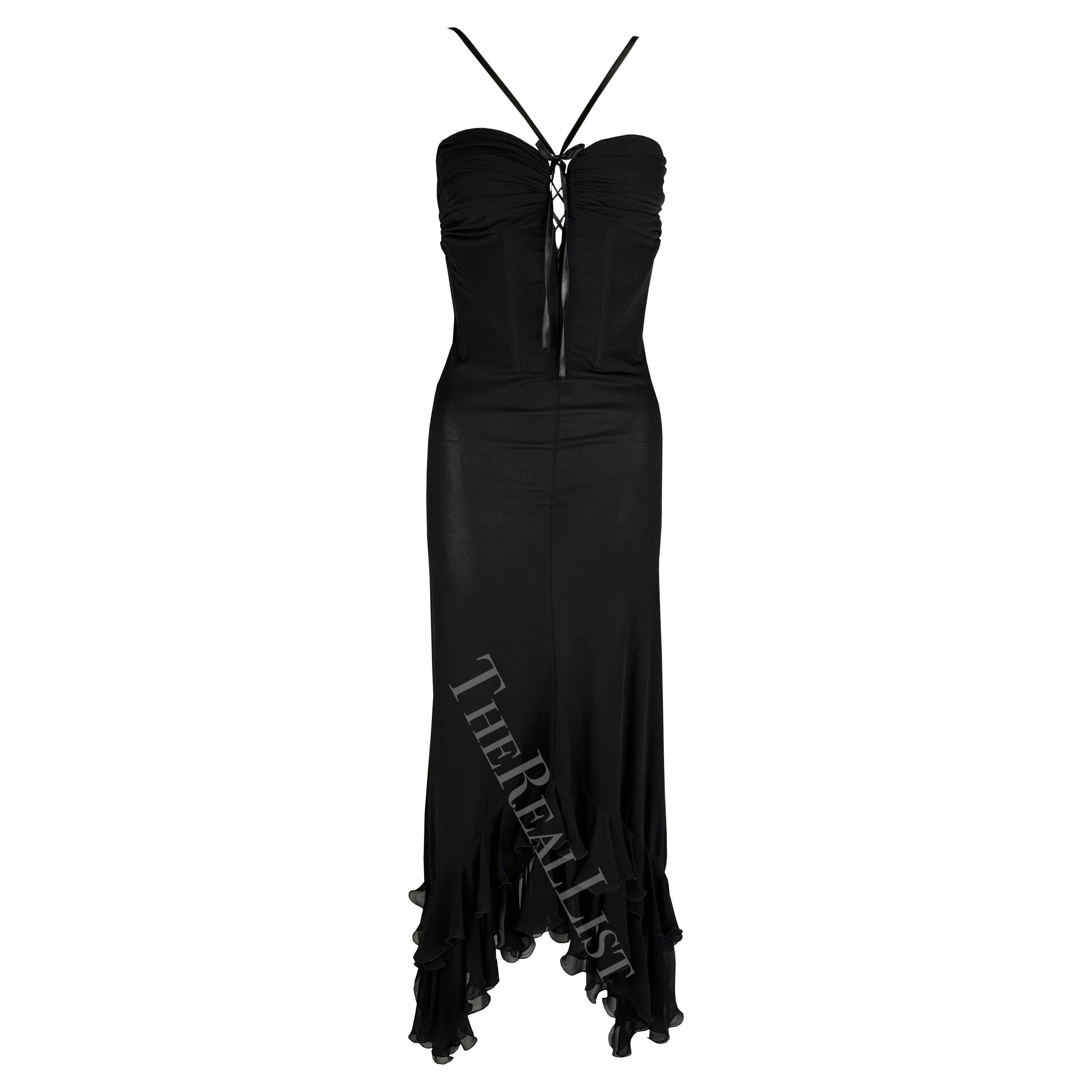 2000s Emanuel Ungaro Black Flare Ribbon Corset Plunge Ruffle Gown For Sale