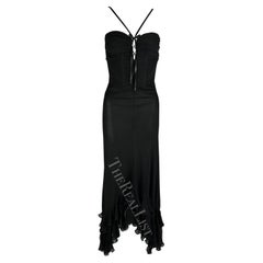 2000s Emanuel Ungaro Black Flare Ribbon Corset Plunge Ruffle Gown