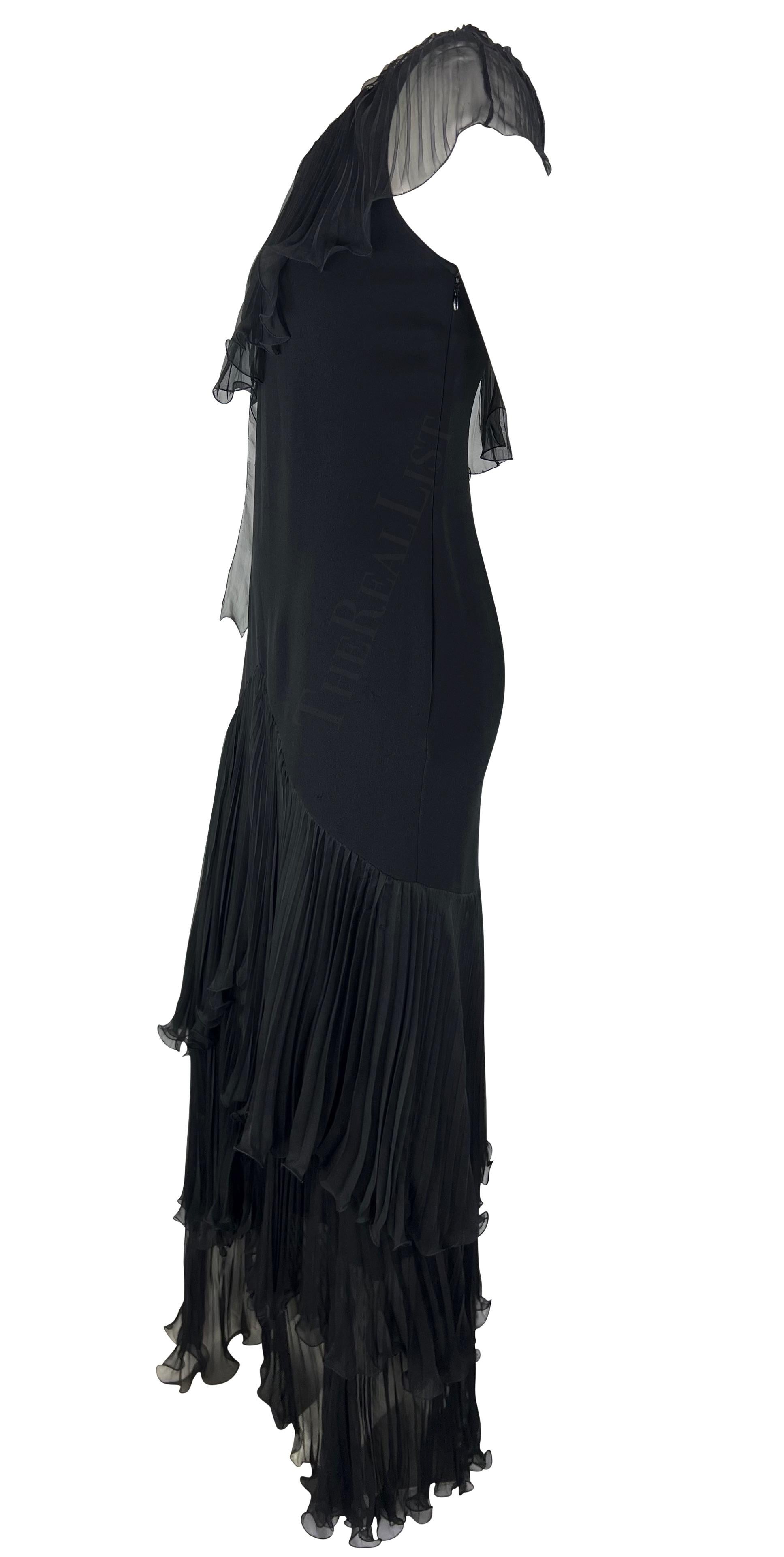 2000s Emanuel Ungaro Black One Shoulder Ruffle Tiered Silk Dress In Excellent Condition In West Hollywood, CA