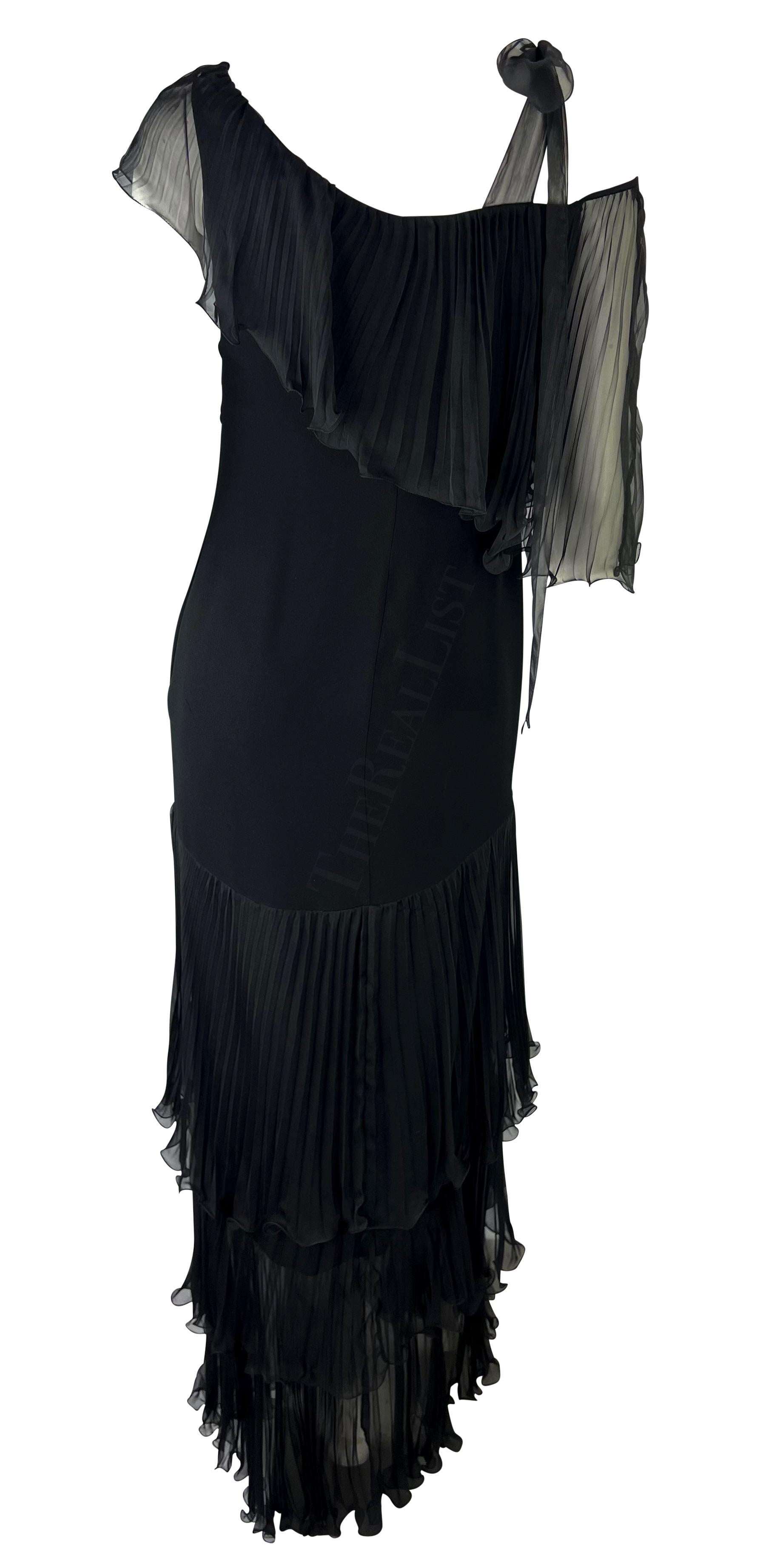 Women's 2000s Emanuel Ungaro Black One Shoulder Ruffle Tiered Silk Dress