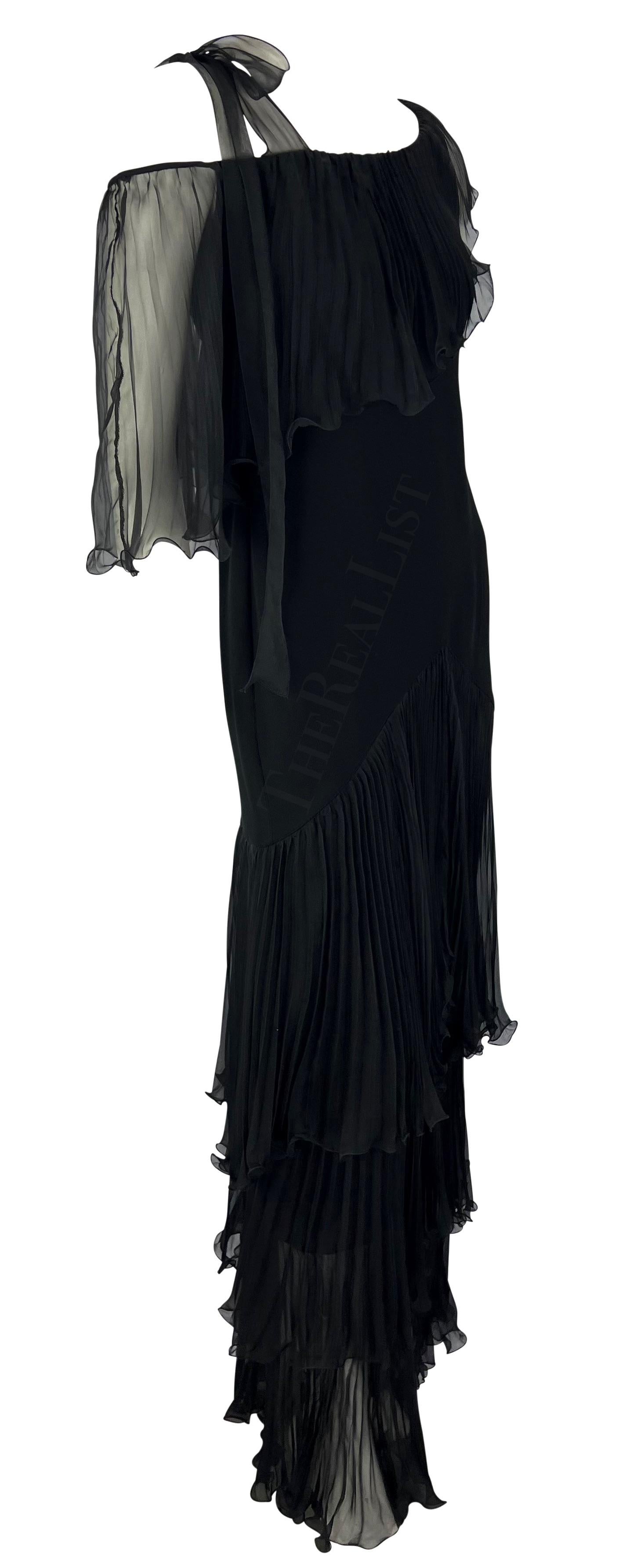 2000s Emanuel Ungaro Black One Shoulder Ruffle Tiered Silk Dress 2