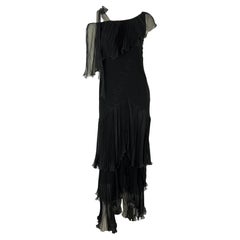 2000s Emanuel Ungaro Black One Shoulder Ruffle Tiered Silk Dress