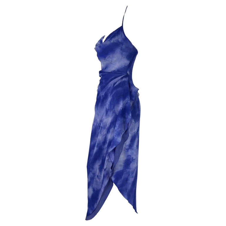 F/W 2000 Emanuel Ungaro Runway Ad Blue Watercolor Silk Chiffon Dress Y2K In Good Condition For Sale In Philadelphia, PA