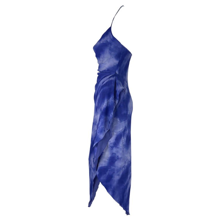 F/W 2000 Emanuel Ungaro Runway Ad Blue Watercolor Silk Chiffon Dress Y2K For Sale 1