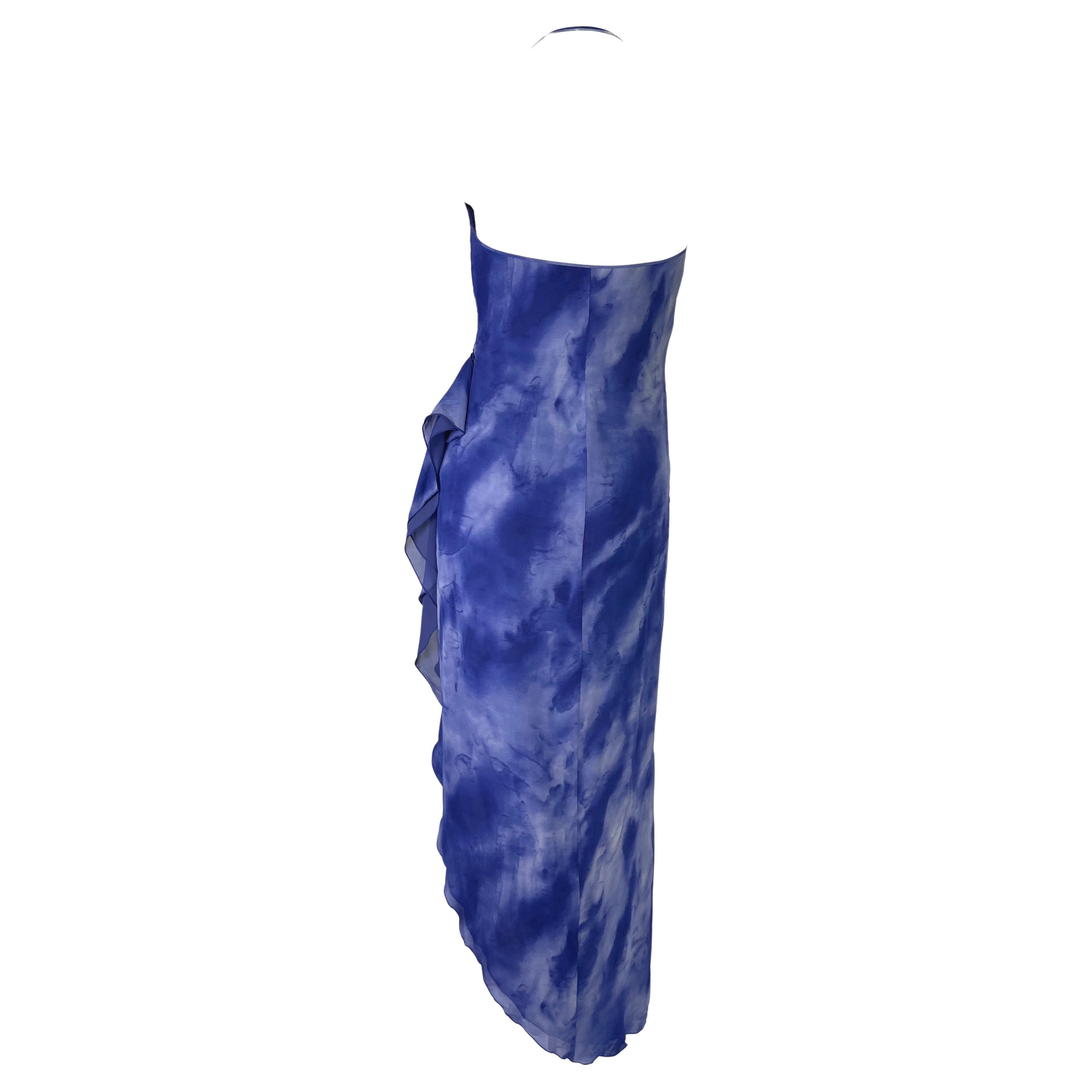 F/W 2000 Emanuel Ungaro Runway Ad Blue Watercolor Silk Chiffon Dress Y2K For Sale 3
