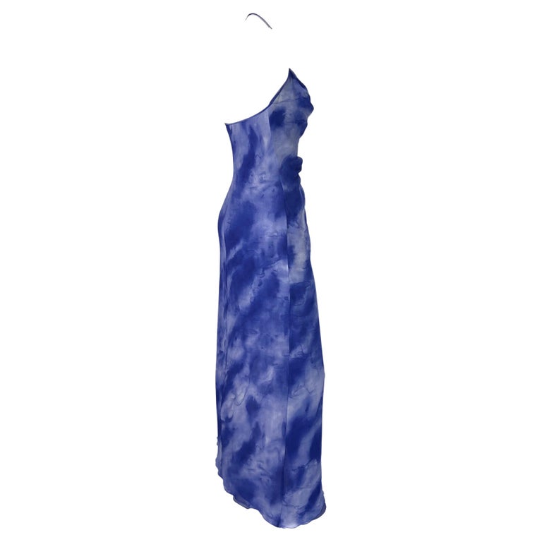 F/W 2000 Emanuel Ungaro Runway Ad Blue Watercolor Silk Chiffon Dress Y2K For Sale 4