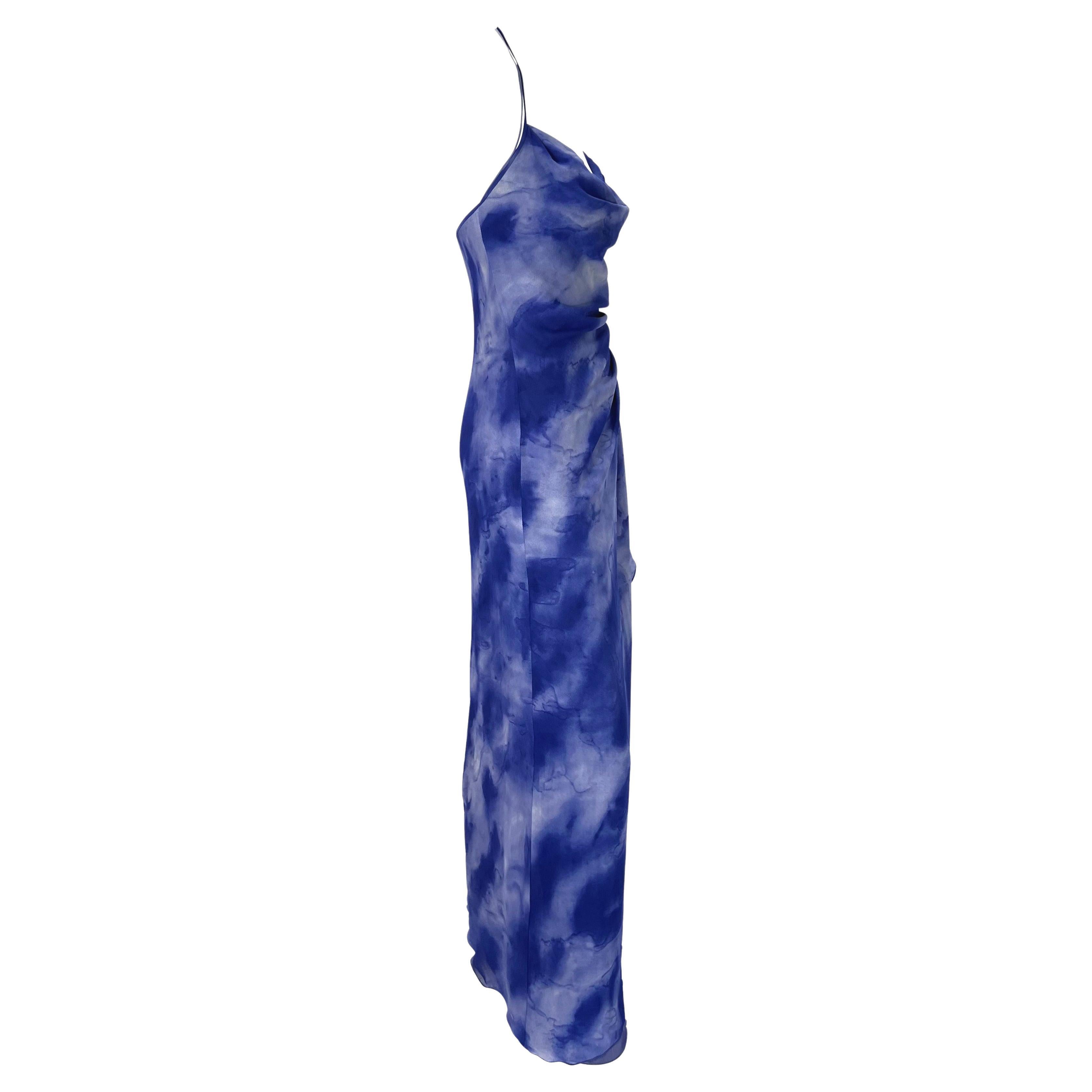 F/W 2000 Emanuel Ungaro Runway Ad Blue Watercolor Silk Chiffon Dress Y2K For Sale 5