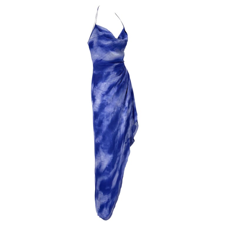 F/W 2000 Emanuel Ungaro Runway Ad Blue Watercolor Silk Chiffon Dress Y2K For Sale 6