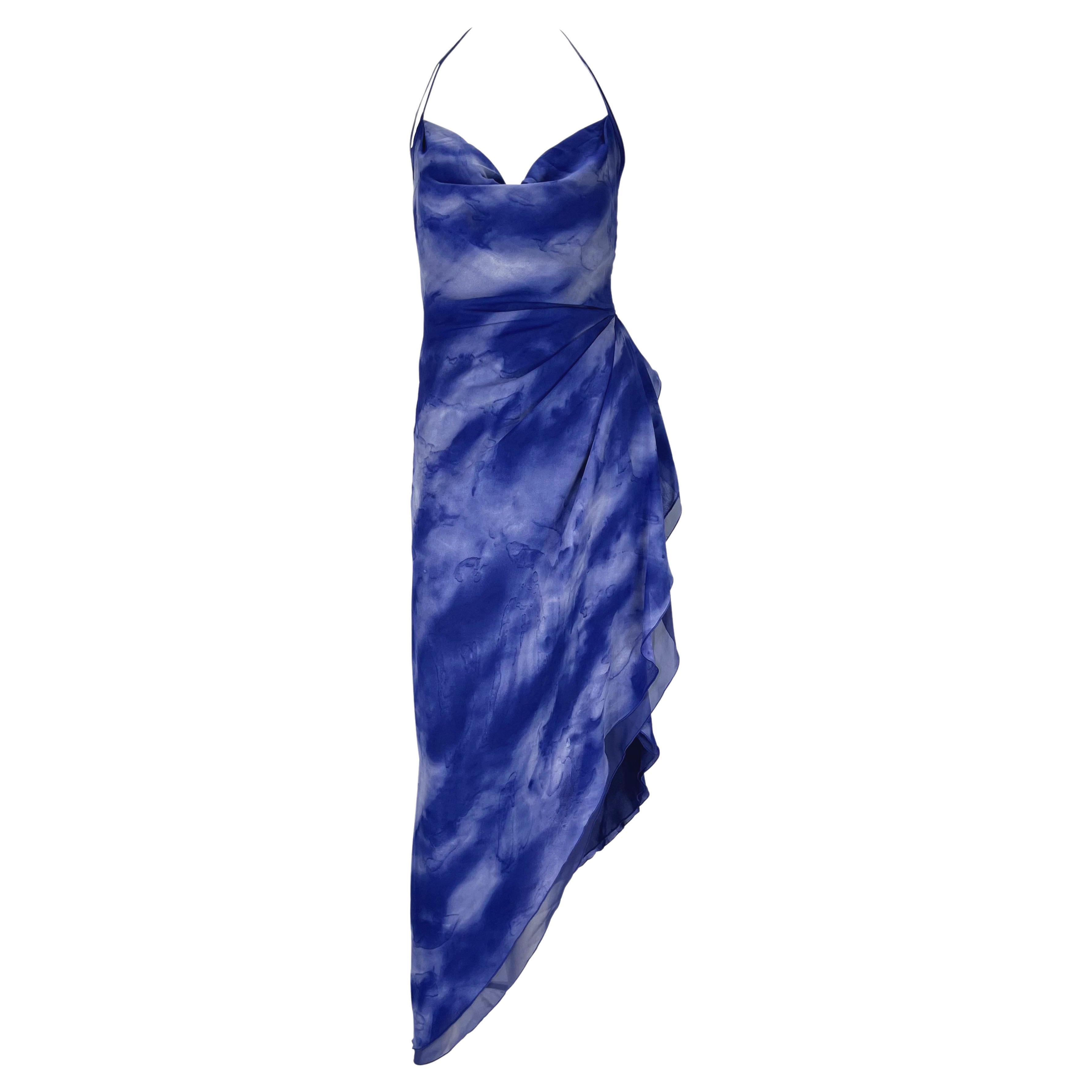 F/W 2000 Emanuel Ungaro Runway Ad Blue Watercolor Silk Chiffon Dress Y2K For Sale