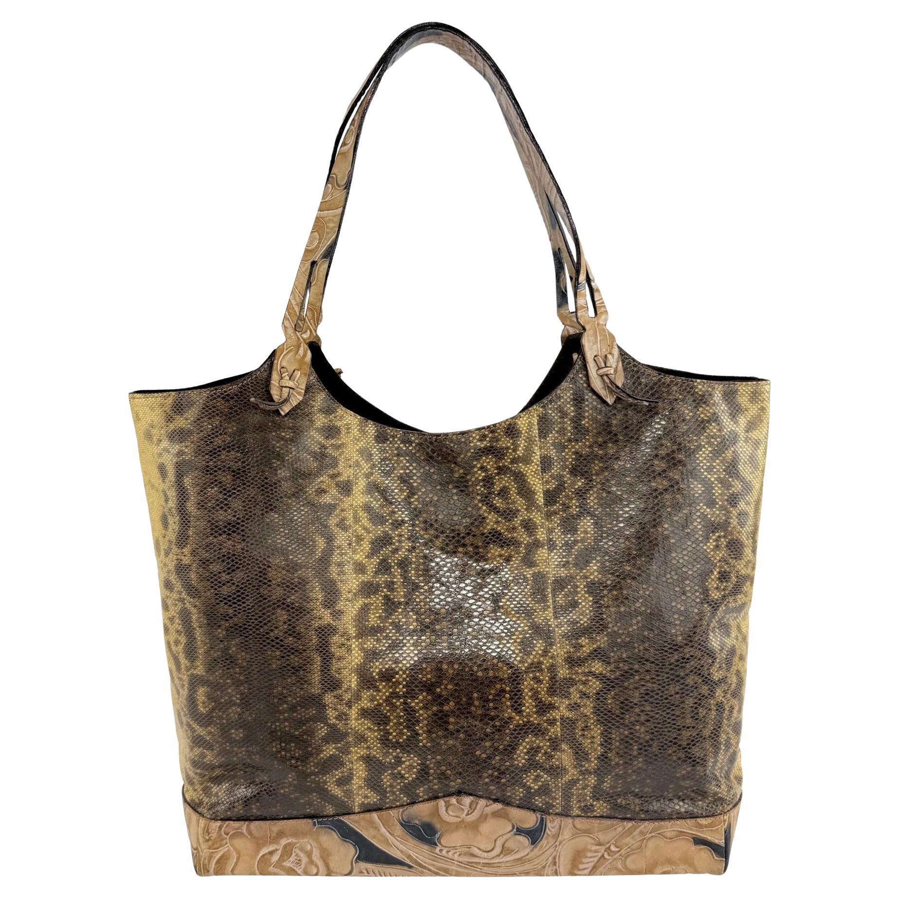 2000s Emanuel Ungaro Genuine Snakeskin Tan Carved Floral Leather Shoulder Bag