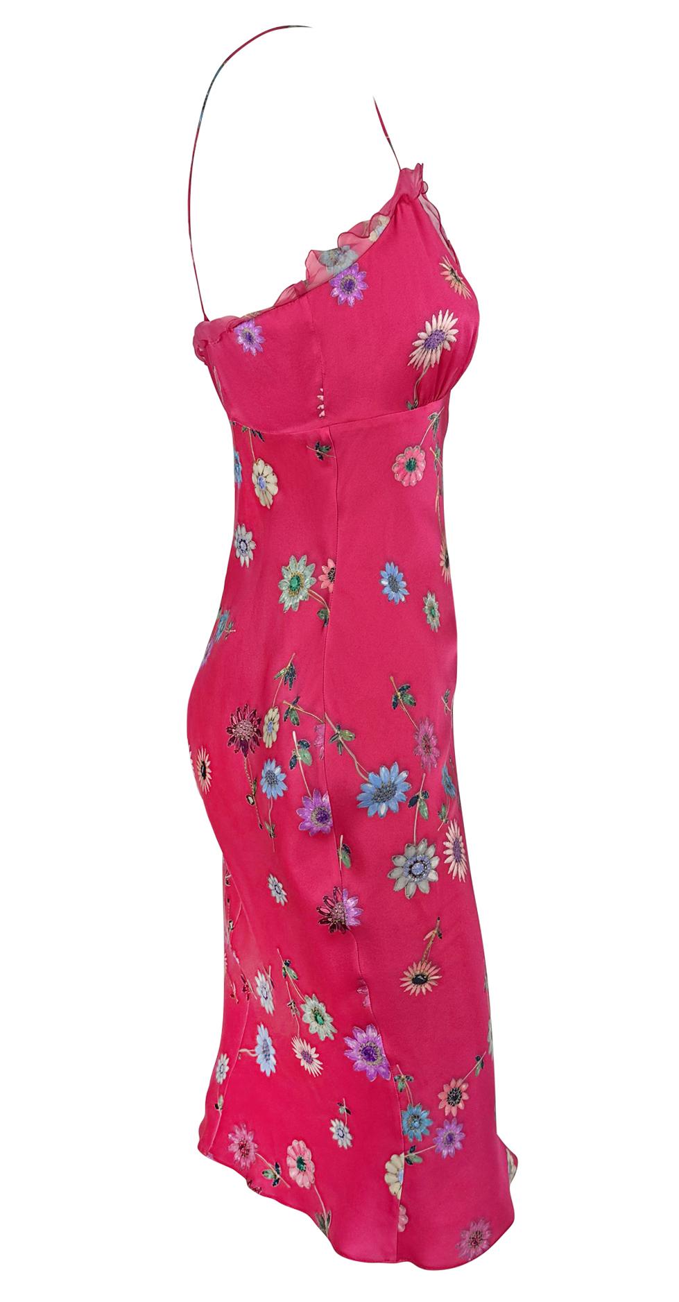 De las mujeres 2000s Emanuel Ungaro Hot Pink Satin Flower Jewels Print Slip Dress en venta