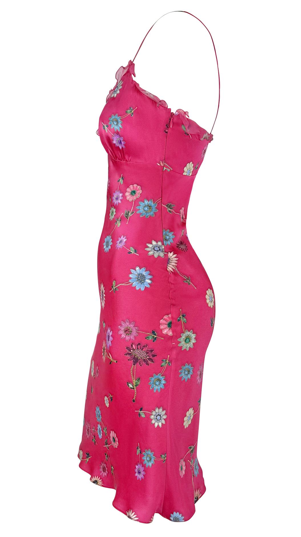 2000s Emanuel Ungaro Hot Pink Satin Flower Jewels Print Slip Dress en venta 1