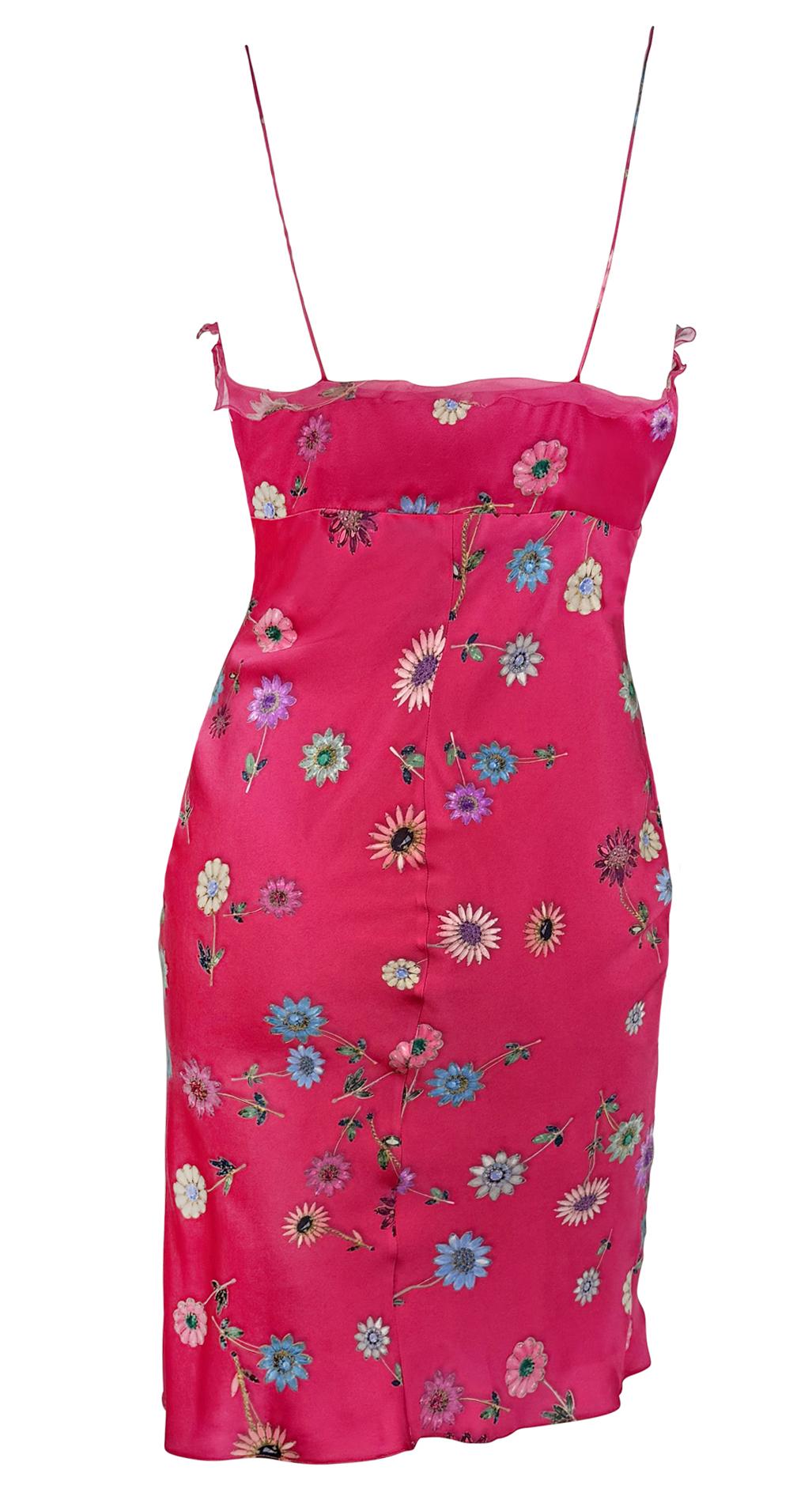 2000s Emanuel Ungaro Hot Pink Satin Flower Jewels Print Slip Dress en venta 2