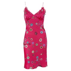 2000s Emanuel Ungaro Hot Pink Satin Flower Jewels Print Slip Dress