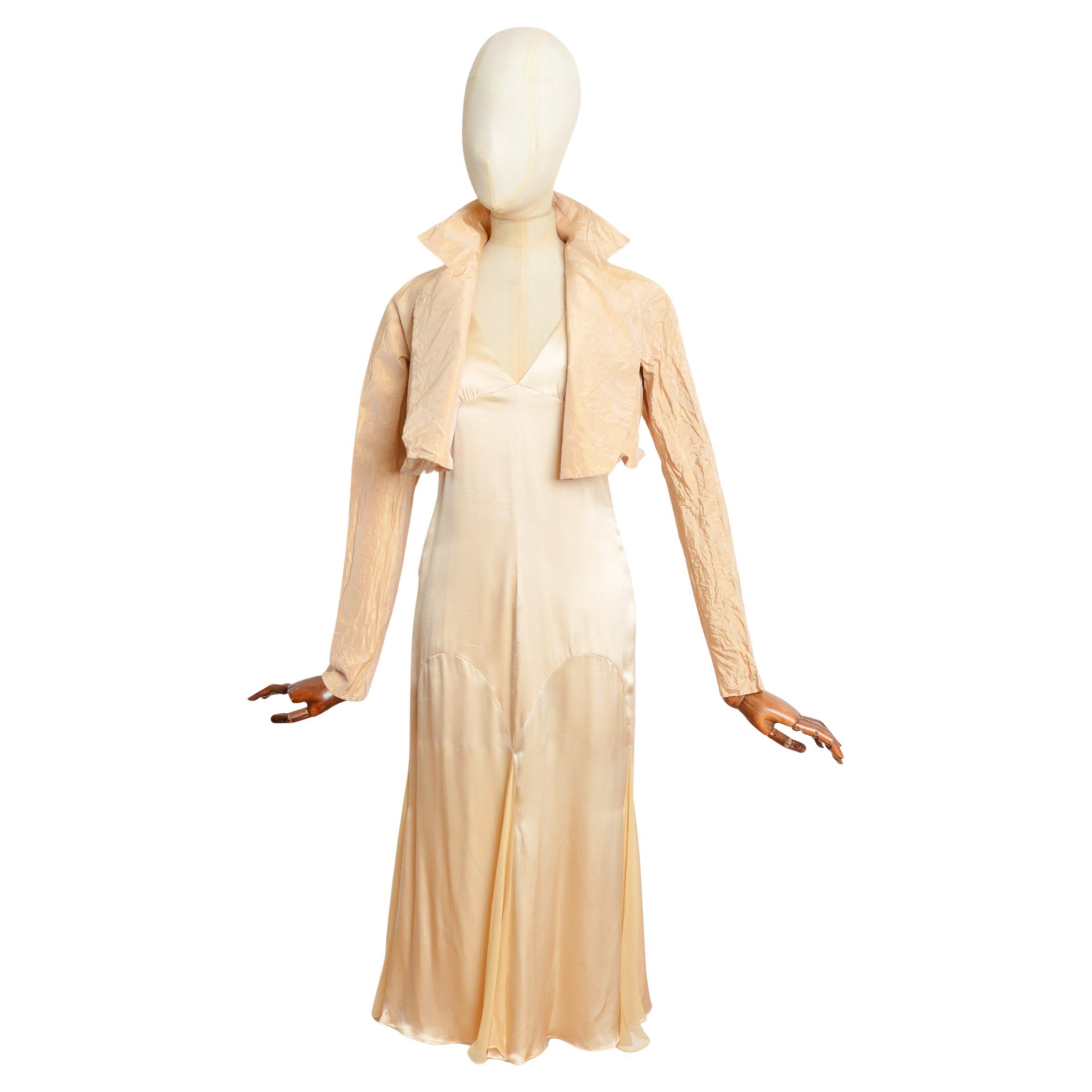 2000s Emanuel Ungaro Nude Long Cream Silk Satin Slip Dress 
Matching Bolero Set For Sale