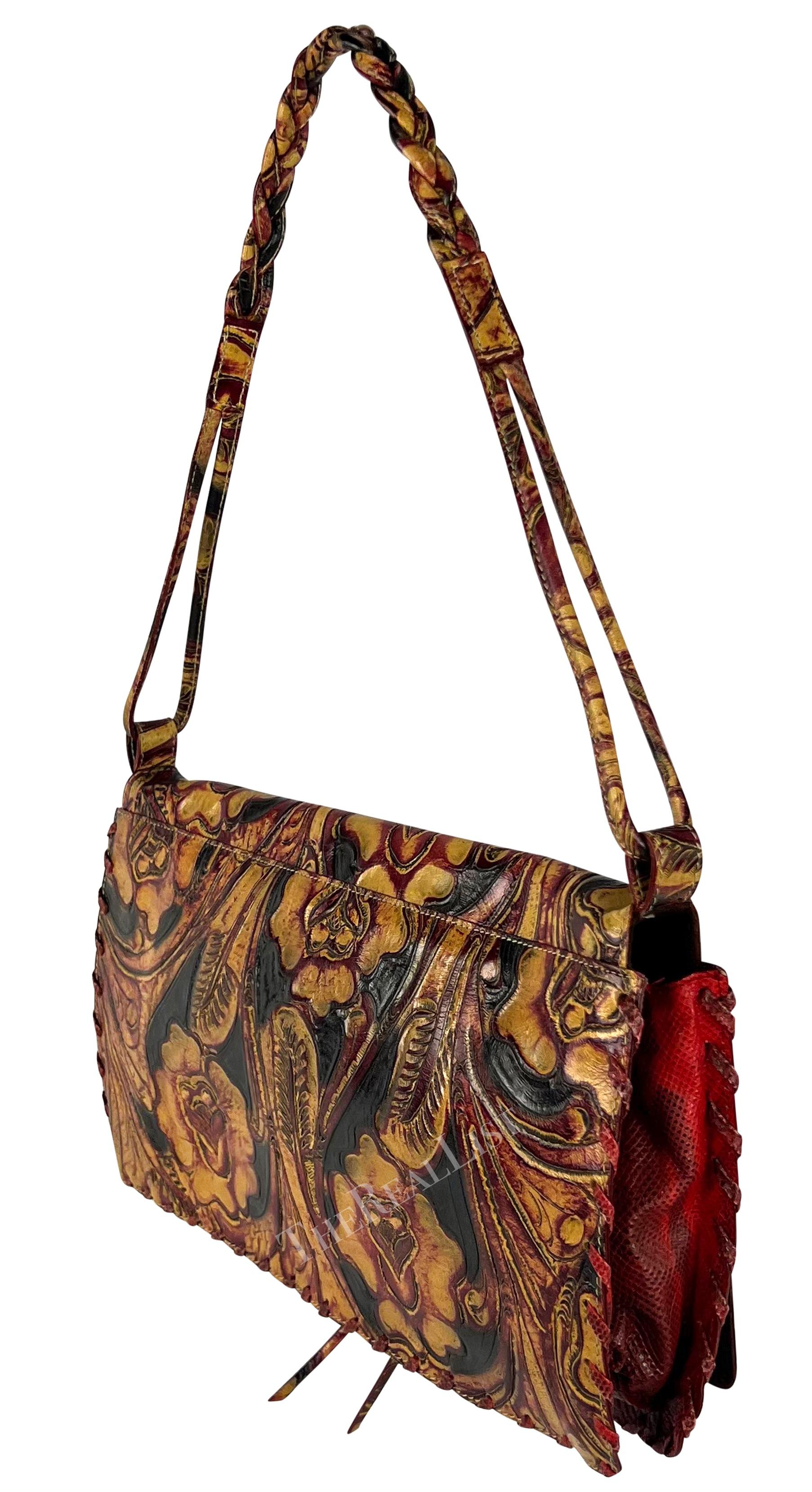 2000s Emanuel Ungaro Red Lizard Tan Tooled Floral Leather Shoulder Bag  In Excellent Condition For Sale In West Hollywood, CA
