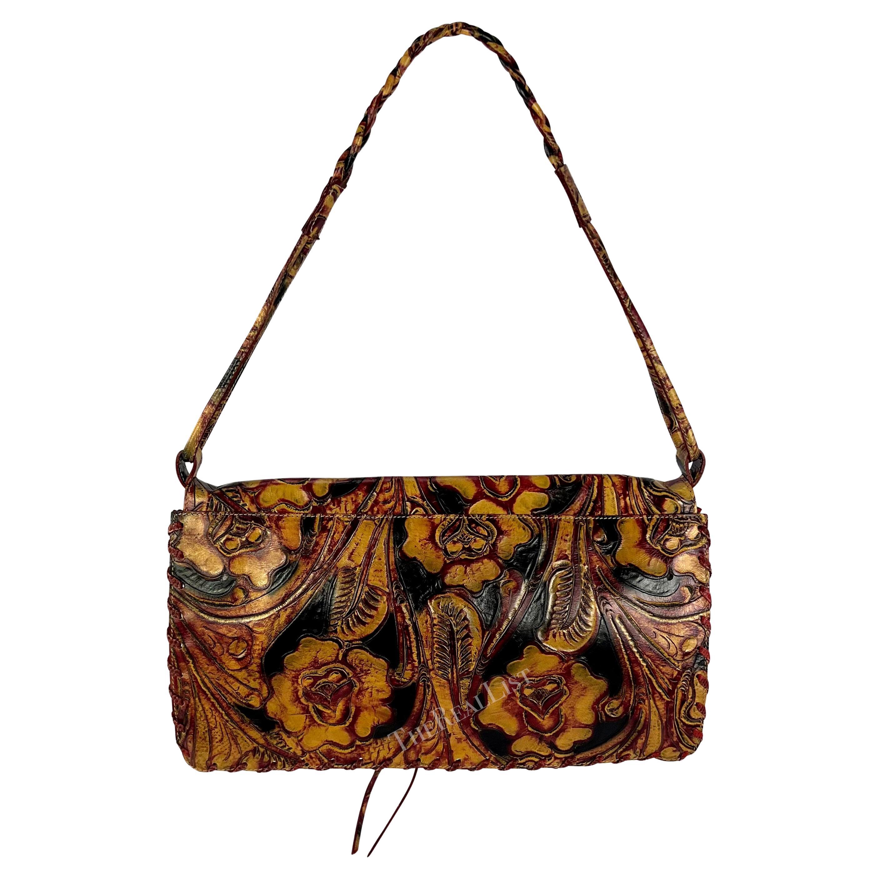 2000s Emanuel Ungaro Red Lizard Tan Tooled Floral Leather Shoulder Bag In Excellent Condition For Sale In West Hollywood, CA