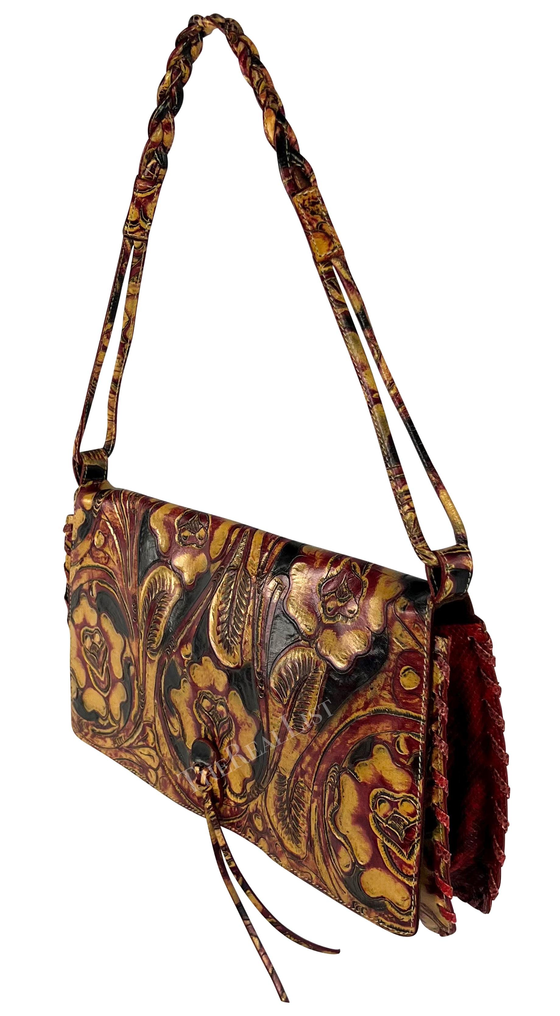 2000s Emanuel Ungaro Red Lizard Tan Tooled Floral Leather Shoulder Bag For Sale 2