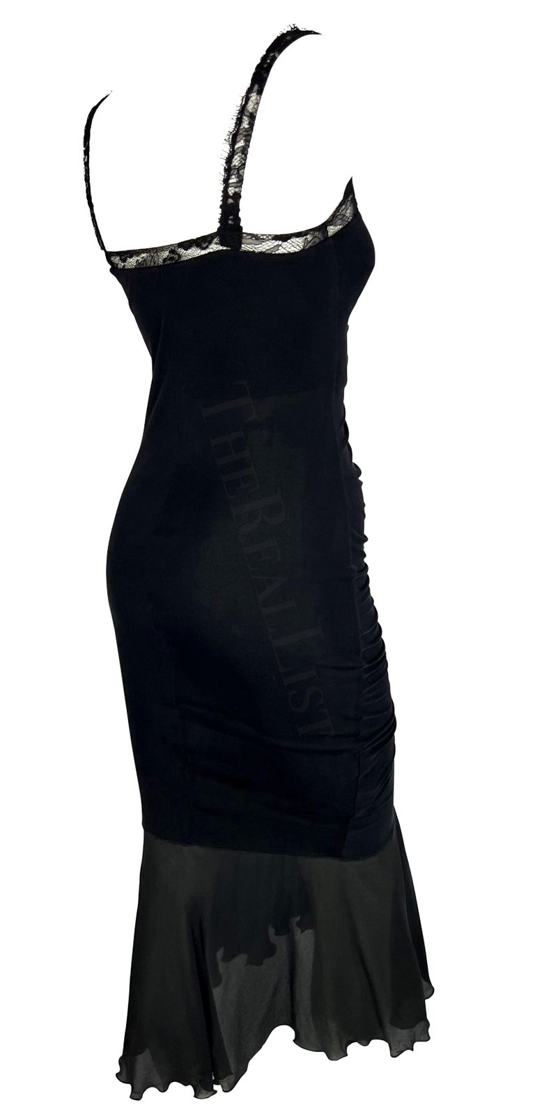 2000s Emanuel Ungaro Ruched Black Slinky Bodycon Dress Lace Strap For