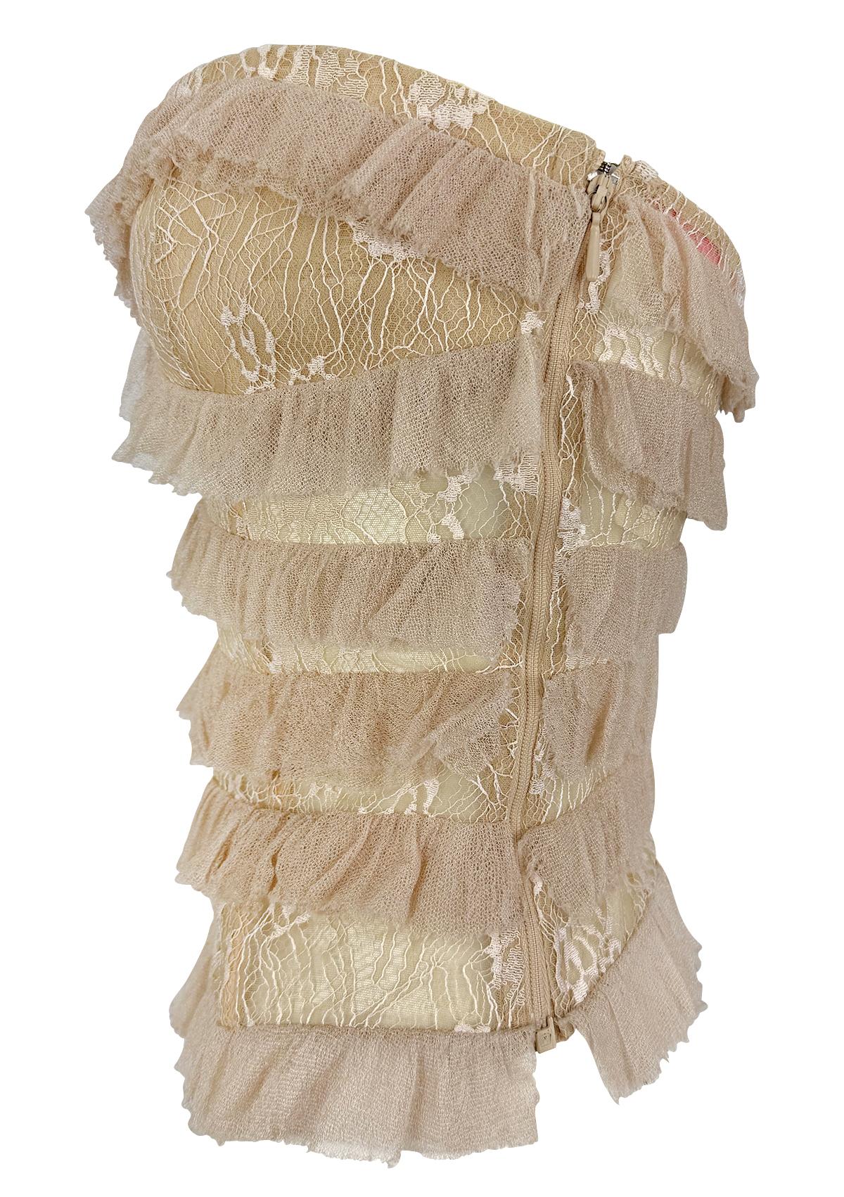 2000s Emanuel Ungaro Sheer Lace Corset Boned Beige Strapless Ruffle Top In Excellent Condition For Sale In West Hollywood, CA