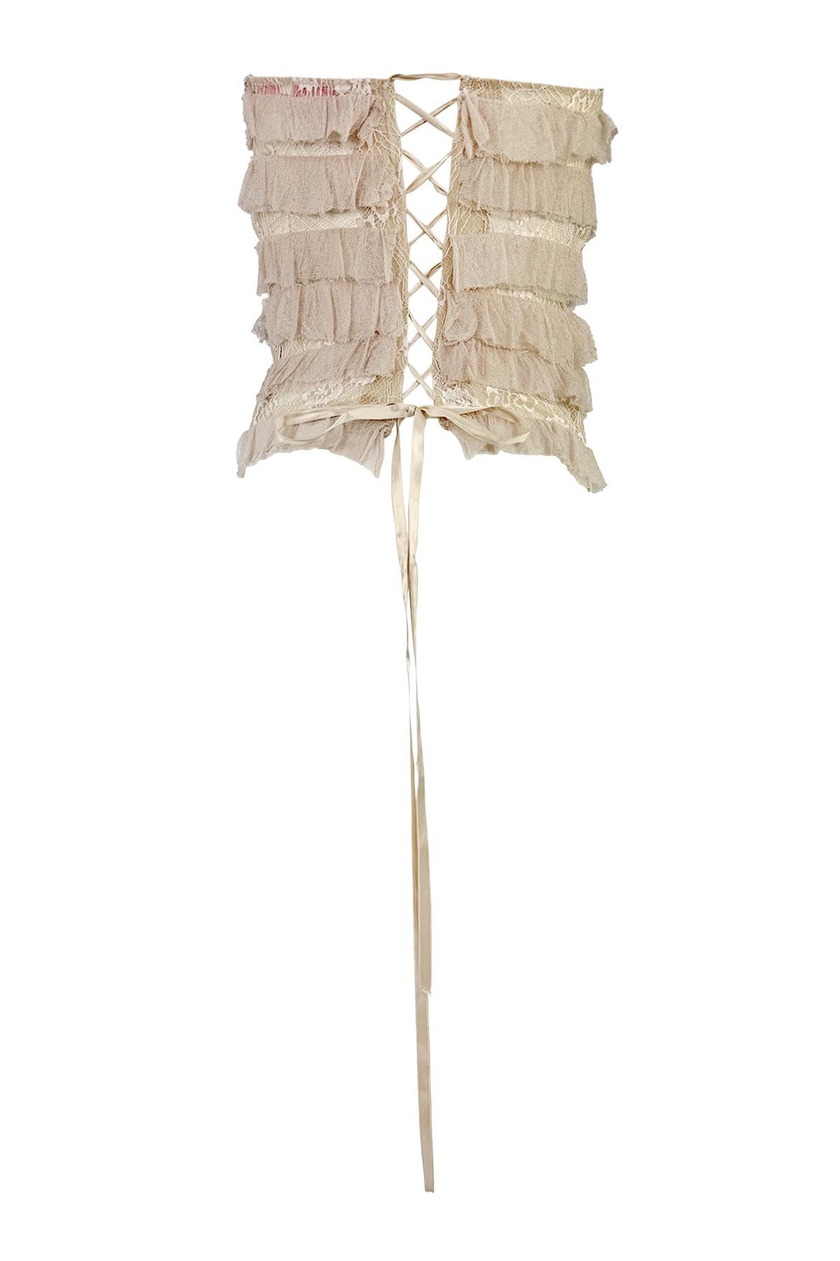 Women's 2000s Emanuel Ungaro Sheer Lace Corset Boned Beige Strapless Ruffle Top For Sale