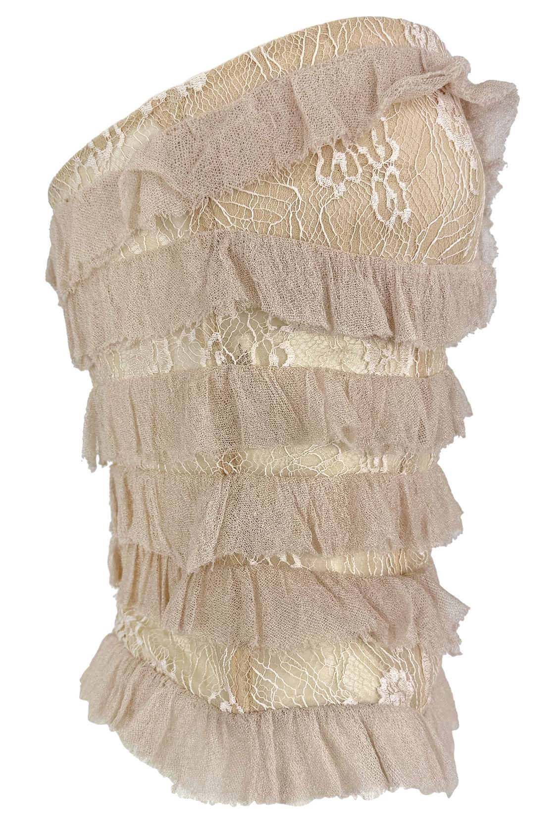 2000s Emanuel Ungaro Sheer Lace Corset Boned Beige Strapless Ruffle Top For Sale 1
