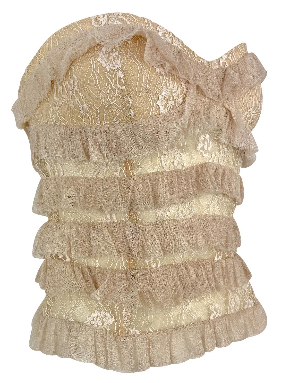 2000s Emanuel Ungaro Sheer Lace Corset Boned Beige Strapless Ruffle Top For Sale 2