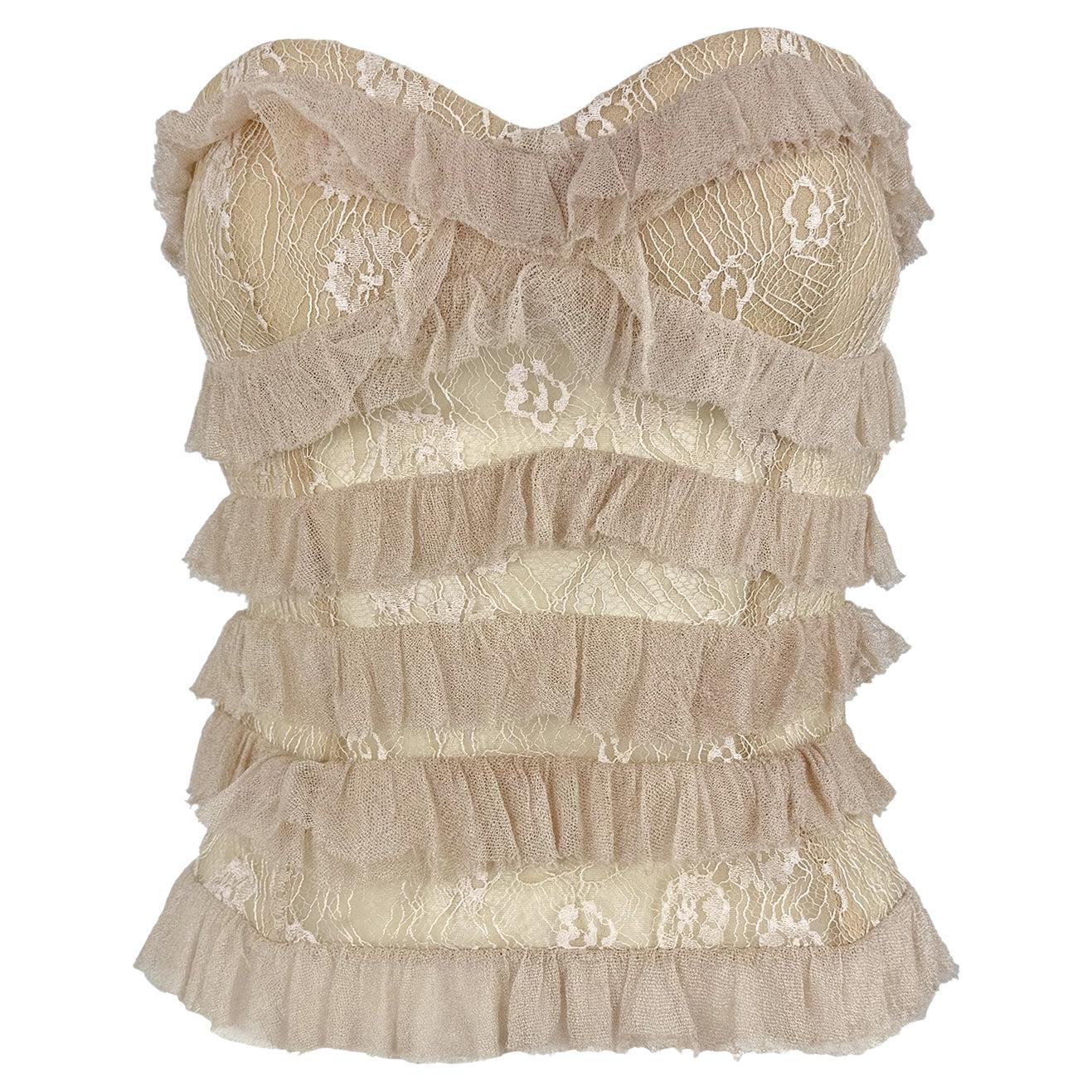 2000s Emanuel Ungaro Sheer Lace Corset Boned Beige Strapless Ruffle Top For Sale