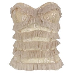 2000s Emanuel Ungaro Sheer Lace Corset Boned Beige Strapless Ruffle Top