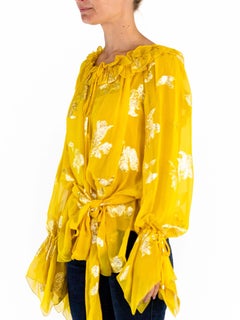 2000S EMANUEL UNGARO Gelbgold Lamé Seidenfil Coupé Chiffon Bluse