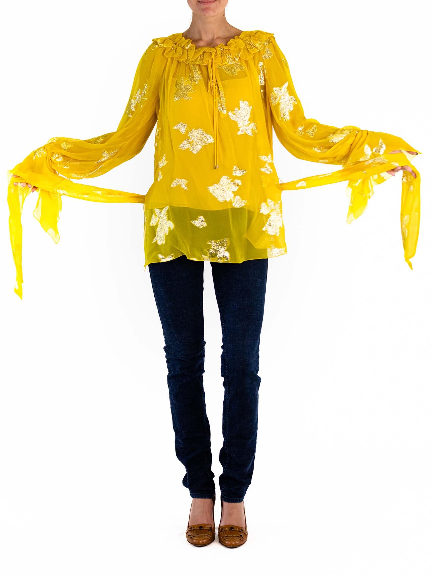 2000S EMANUEL UNGARO Yellow Gold Lamé Silk Fil Coupé Chiffon Blouse 3