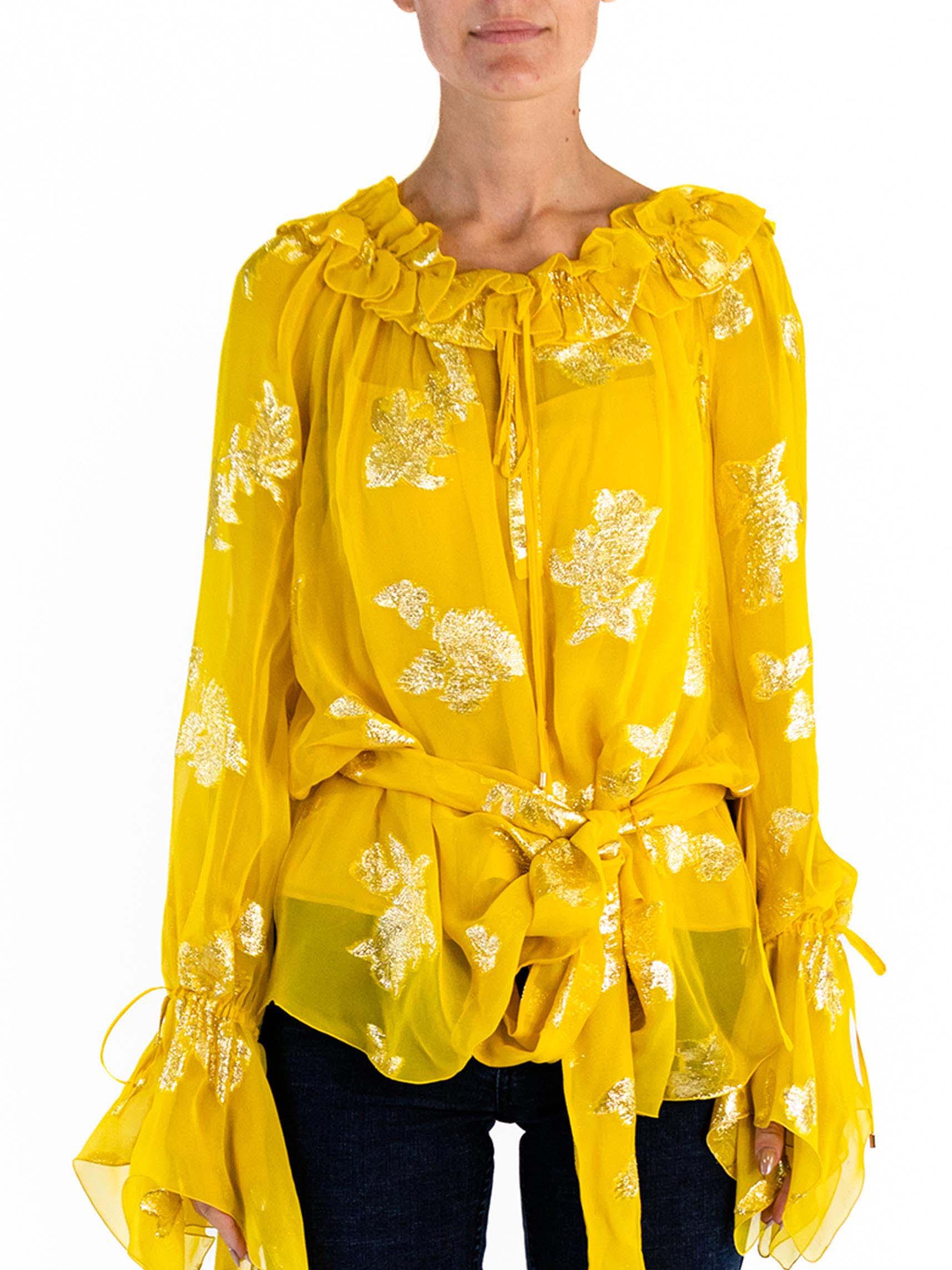 2000S EMANUEL UNGARO Yellow Gold Lamé Silk Fil Coupé Chiffon Blouse 4